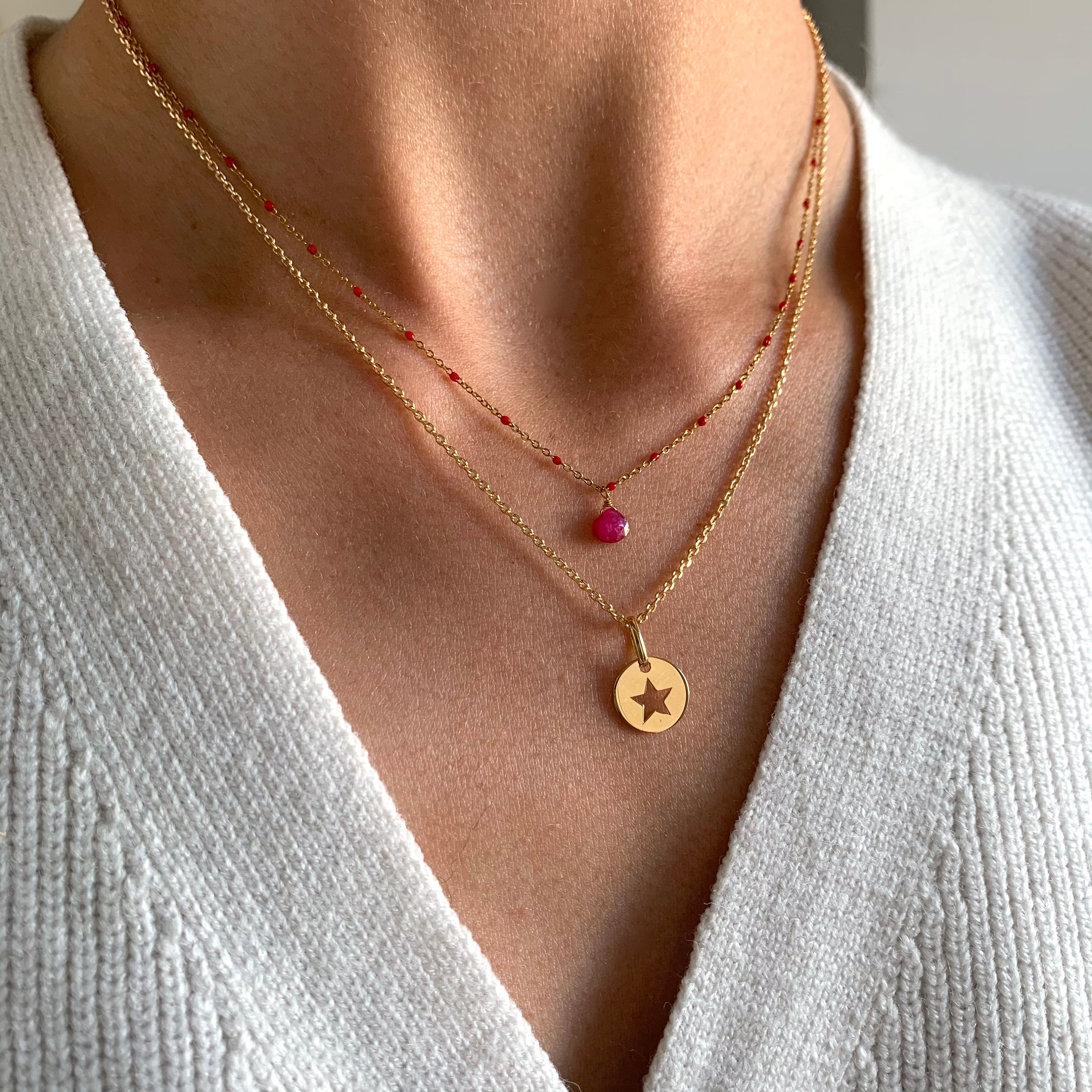 Collier acier inoxydable pendentif pierre rose fuschia / Collier femme minimaliste chaine