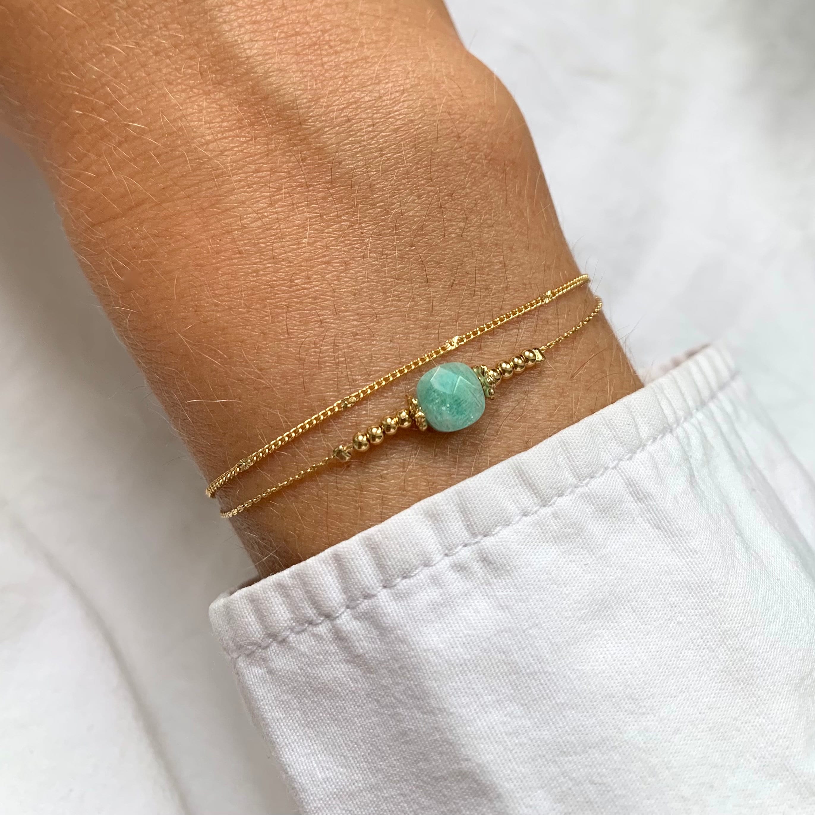 Bracelet acier inoxydable pierre naturelle labradorite / Bracelet double rang chaine fine perle carré grise