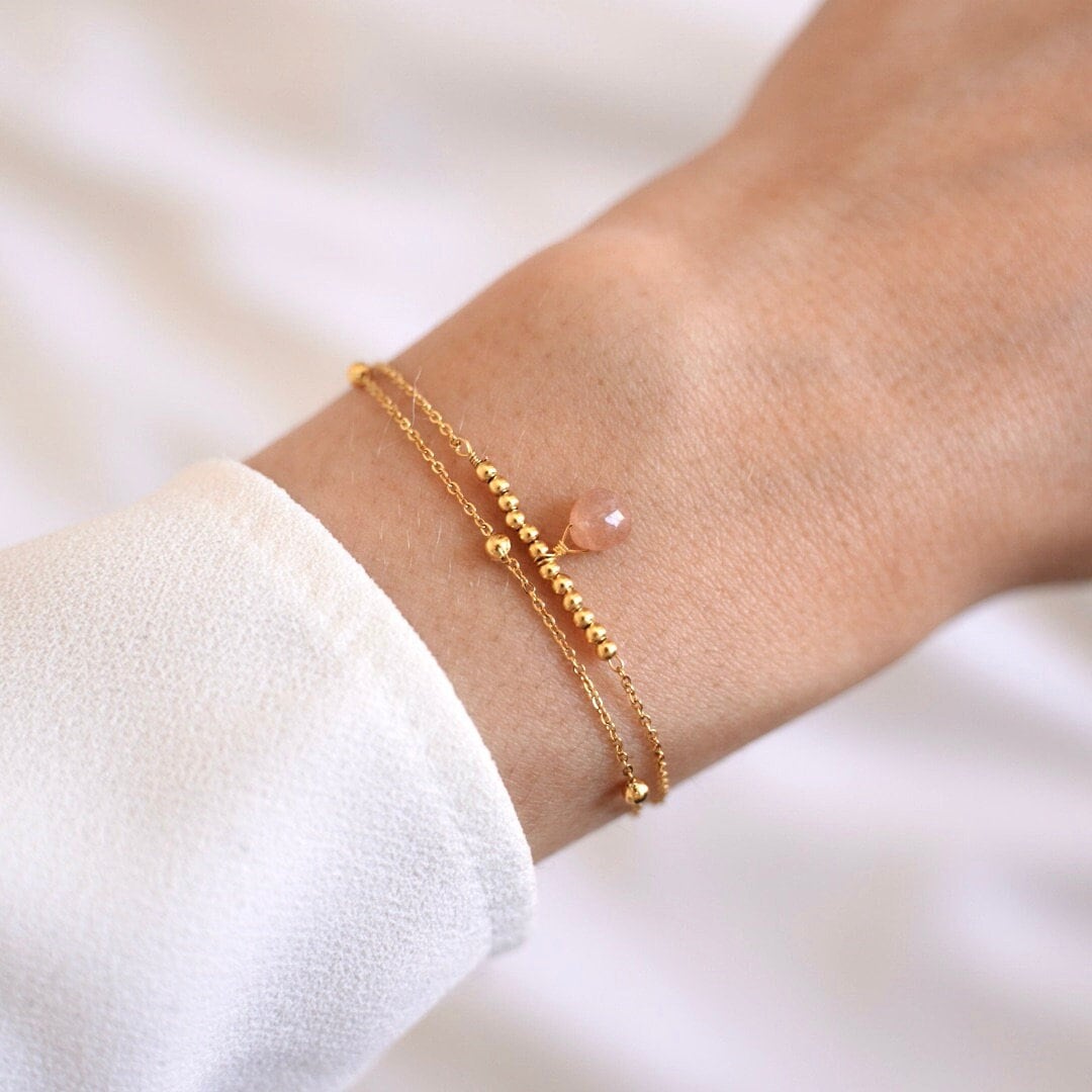 Bracelet femme double rang chaine fine pierre quartz rose / Bracelet en acier inoxydable