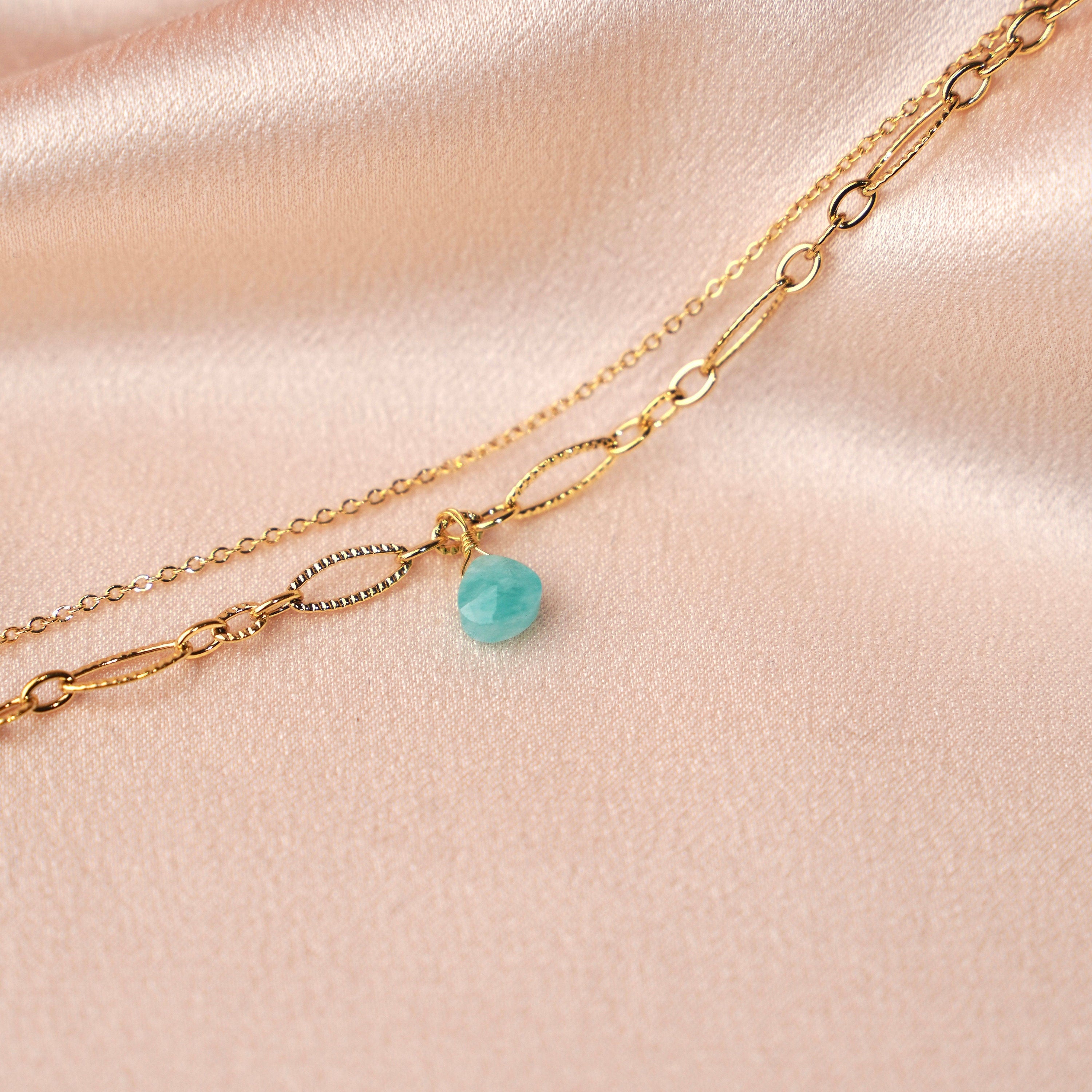 Bracelet double Amazonite / Bracelet fin en acier inoxydable et pierre naturelle turquoise