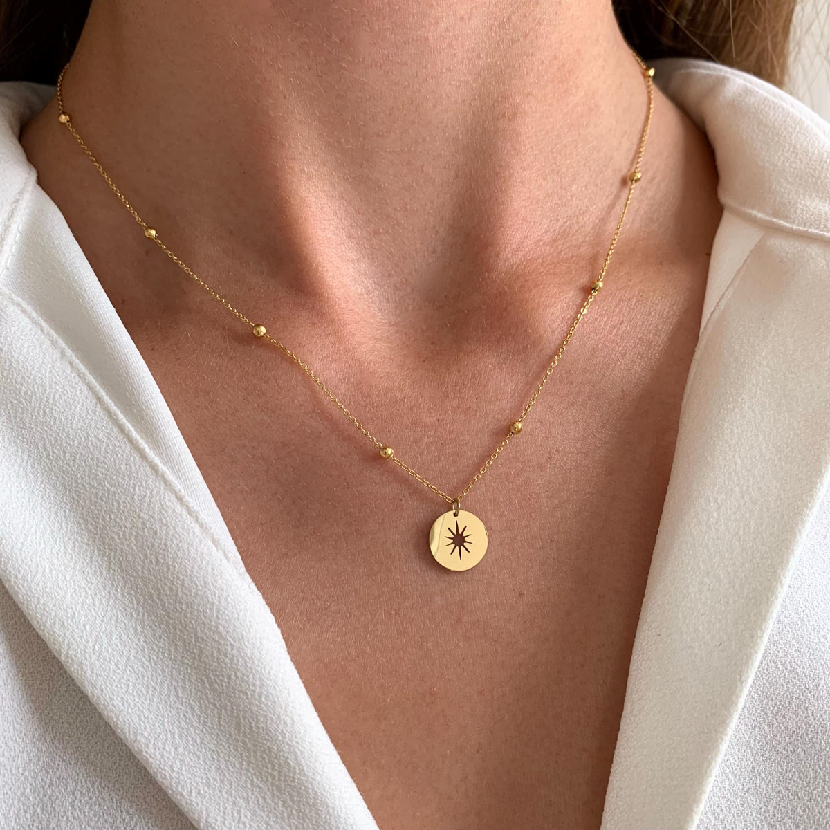 Collier acier inoxydable pendentif rond étoile chaine boule / Collier femme fin chaine billes