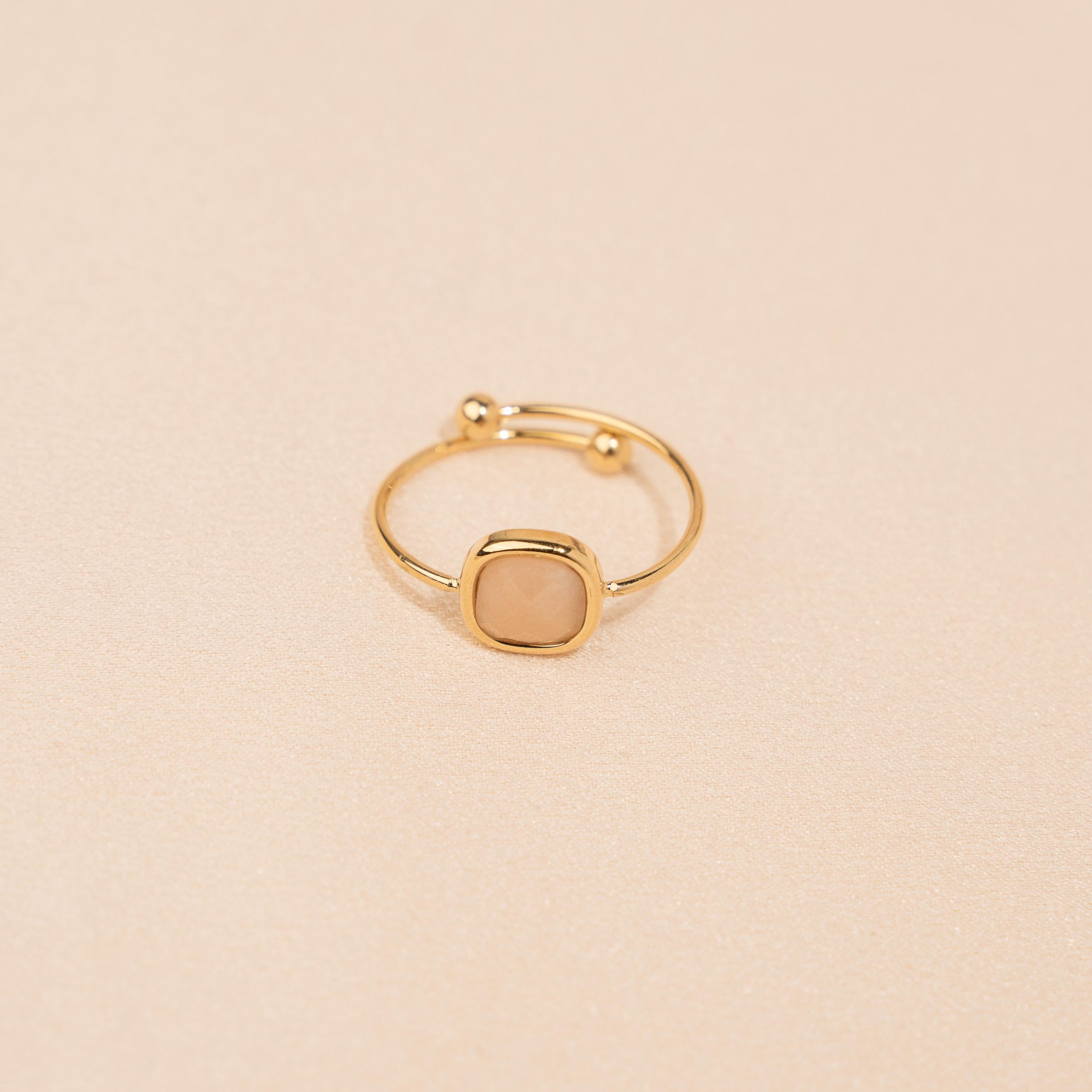 Bague femme en acier inoxydable pierre carrée quartz rose / Bague fine dorée pierre rose