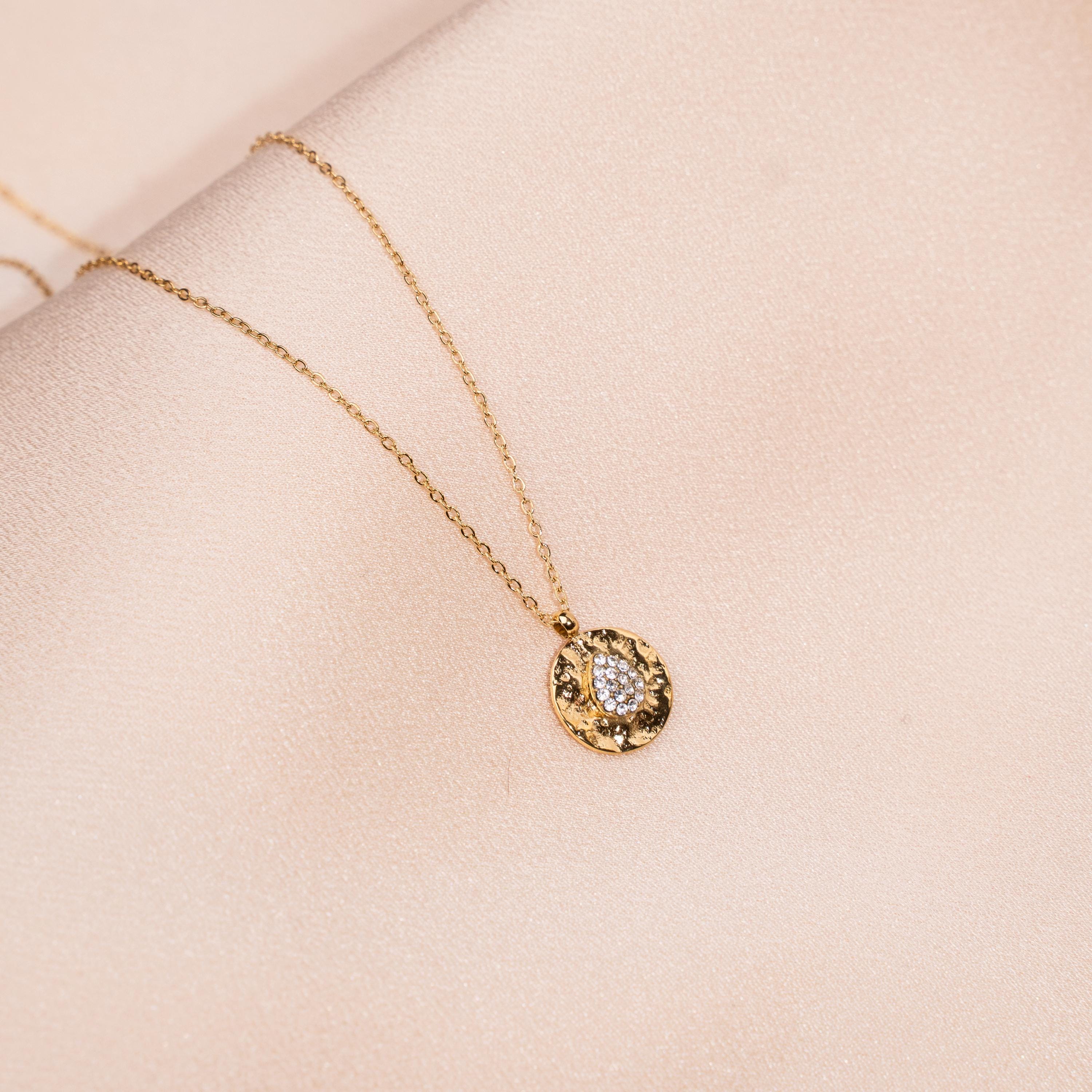 Collier fin pendentif rond martelé goutte oxyde de zirconium / Collier femme minimaliste chaine acier inoxydable / Cadeau femme