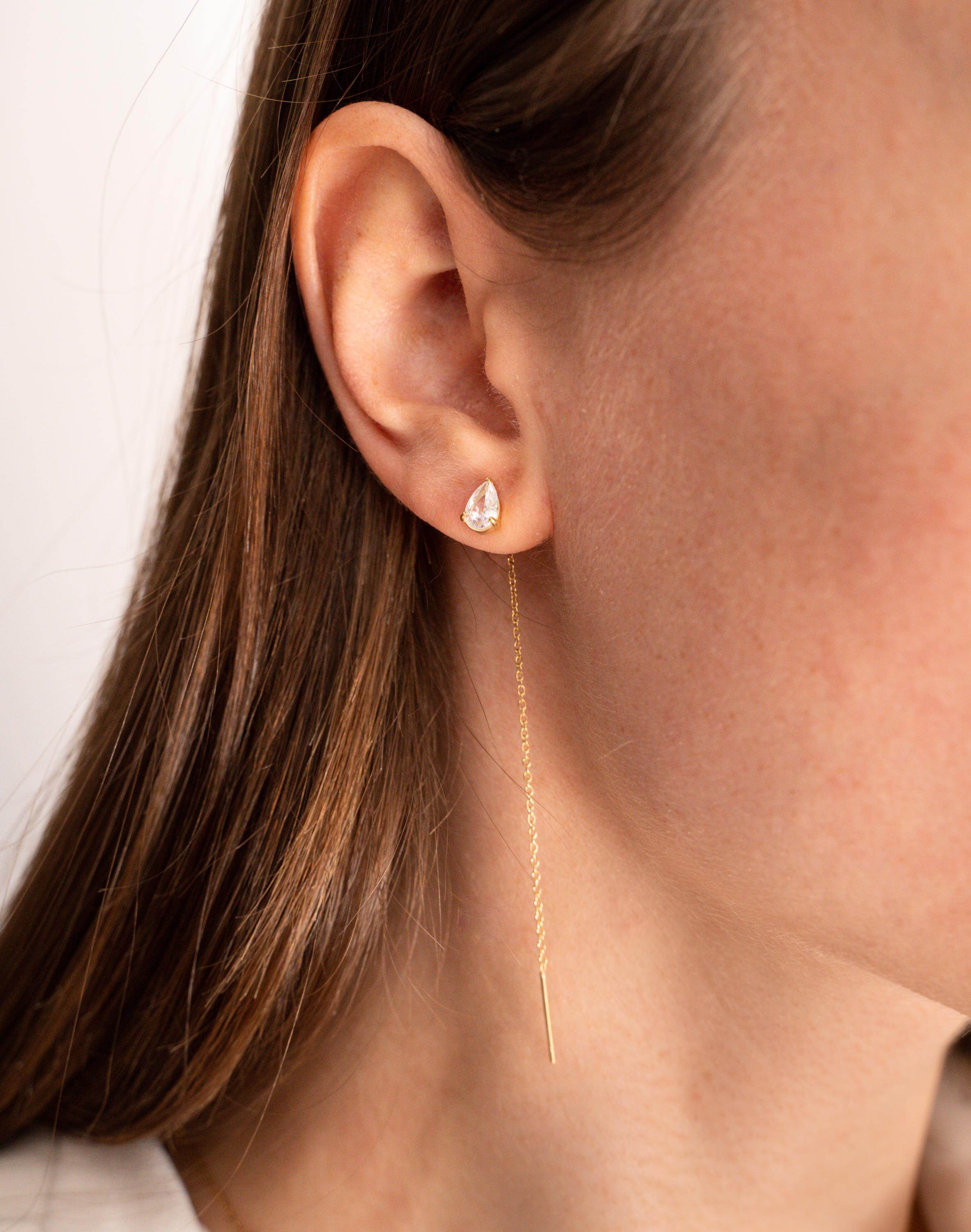 Boucles d'oreilles chaines pendantes goutte en oxyde de zirconium / Boucles d'oreille chaine traversante acier inoxydable doré
