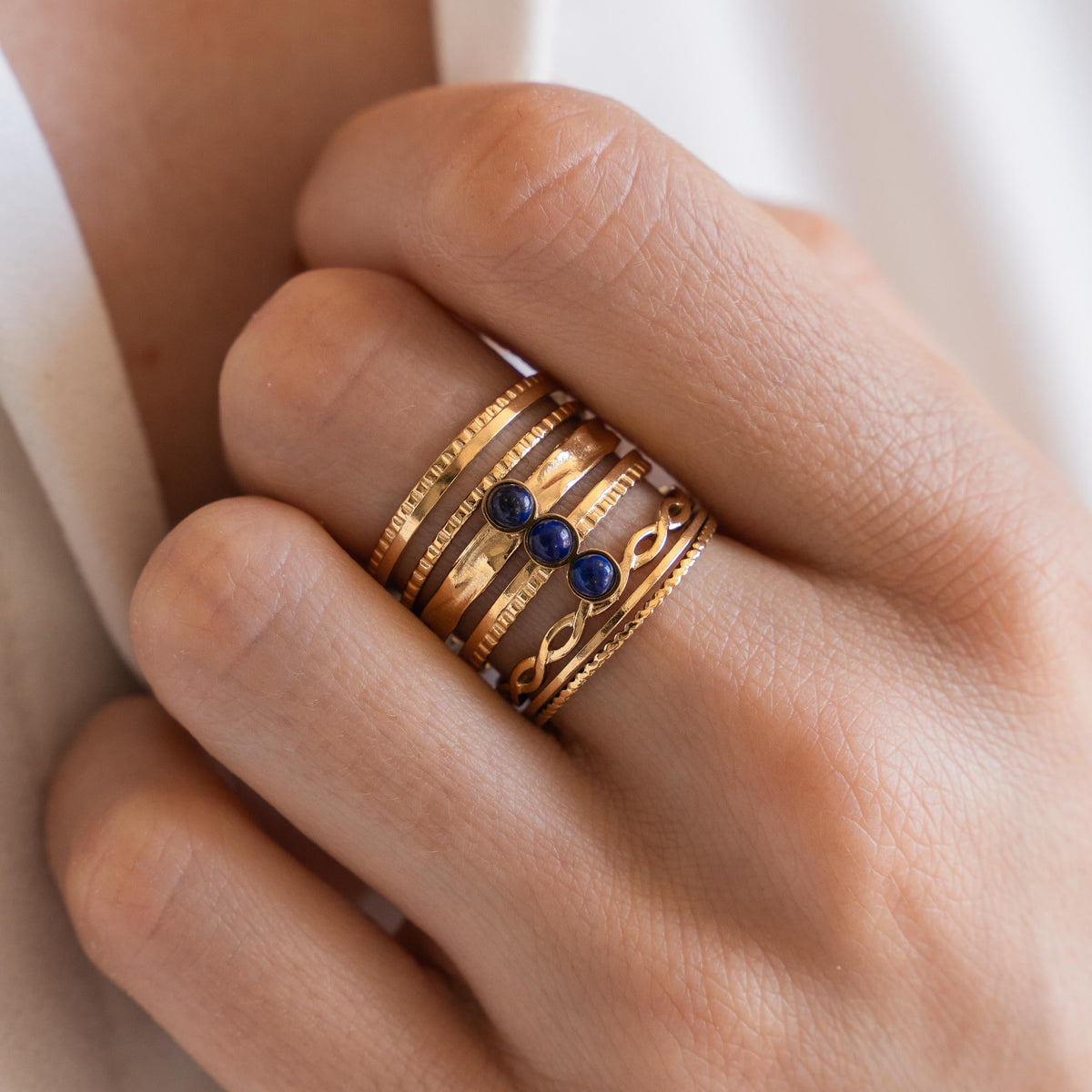 Bague femme acier inoxydable pierre naturelle lapis lazuli / bague multi rangs réglable dorée pierre bleu foncé