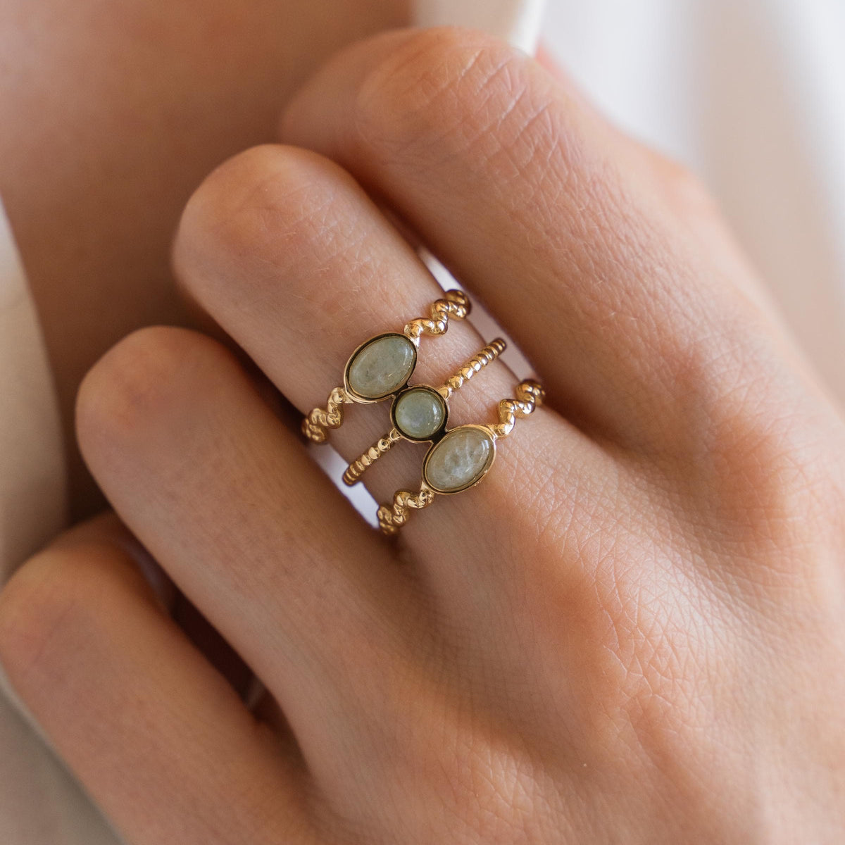 Bague femme acier inoxydable pierre naturelle aventurine ovale / bague double réglable dorée water resistant