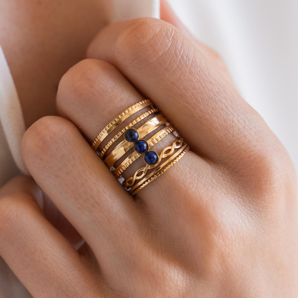 Bague femme acier inoxydable pierre naturelle lapis lazuli / bague multi rangs réglable dorée pierre bleu foncé