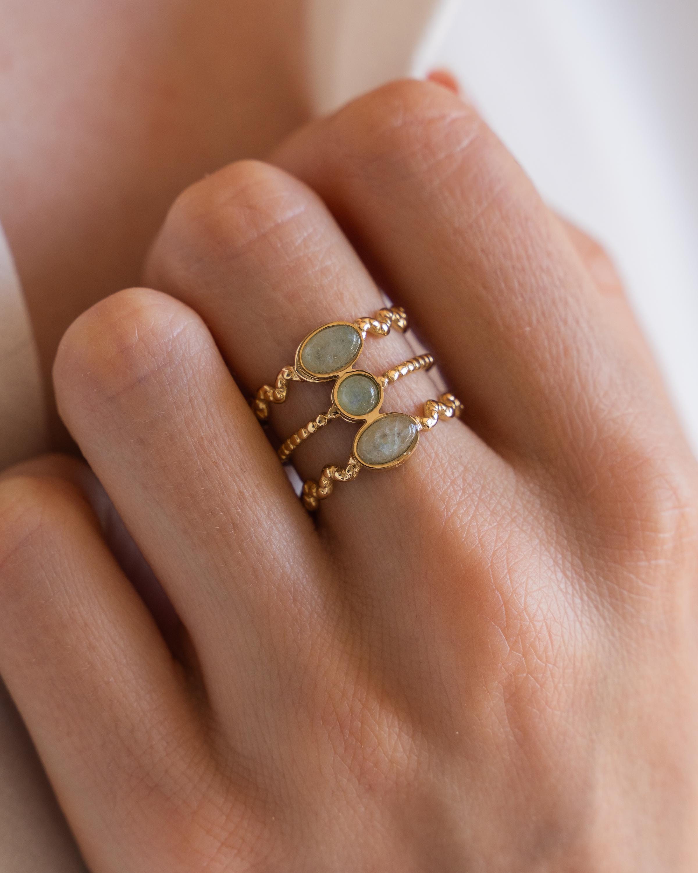 Bague femme acier inoxydable pierre naturelle aventurine ovale / bague double réglable dorée water resistant