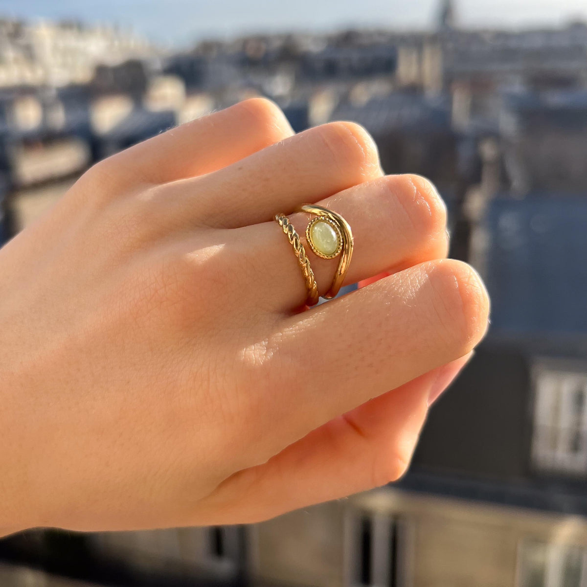 Bague double pierre ovale agate verte Apolline photo 2