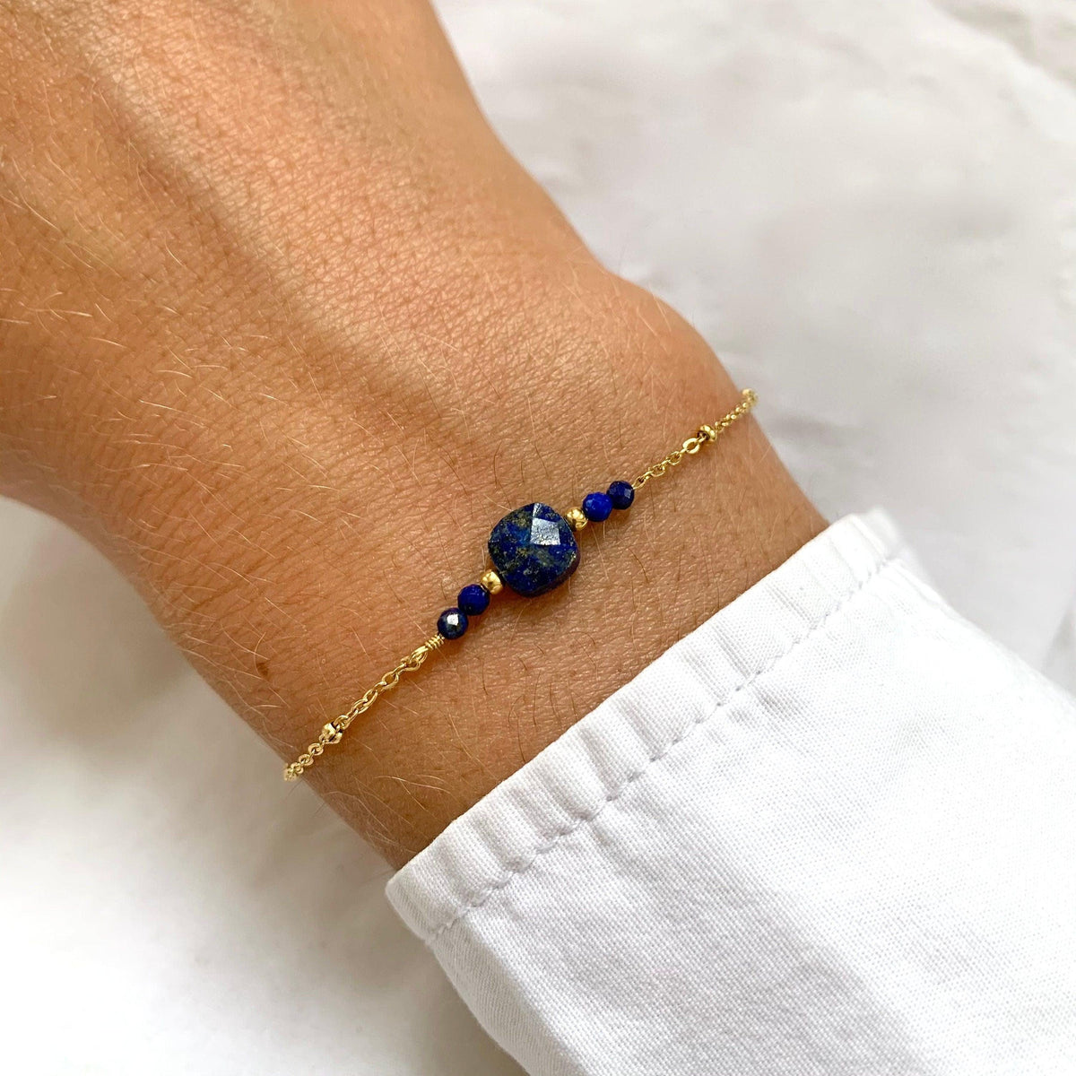 Bracelet double chaîne pierre carrée lapis Joséphine