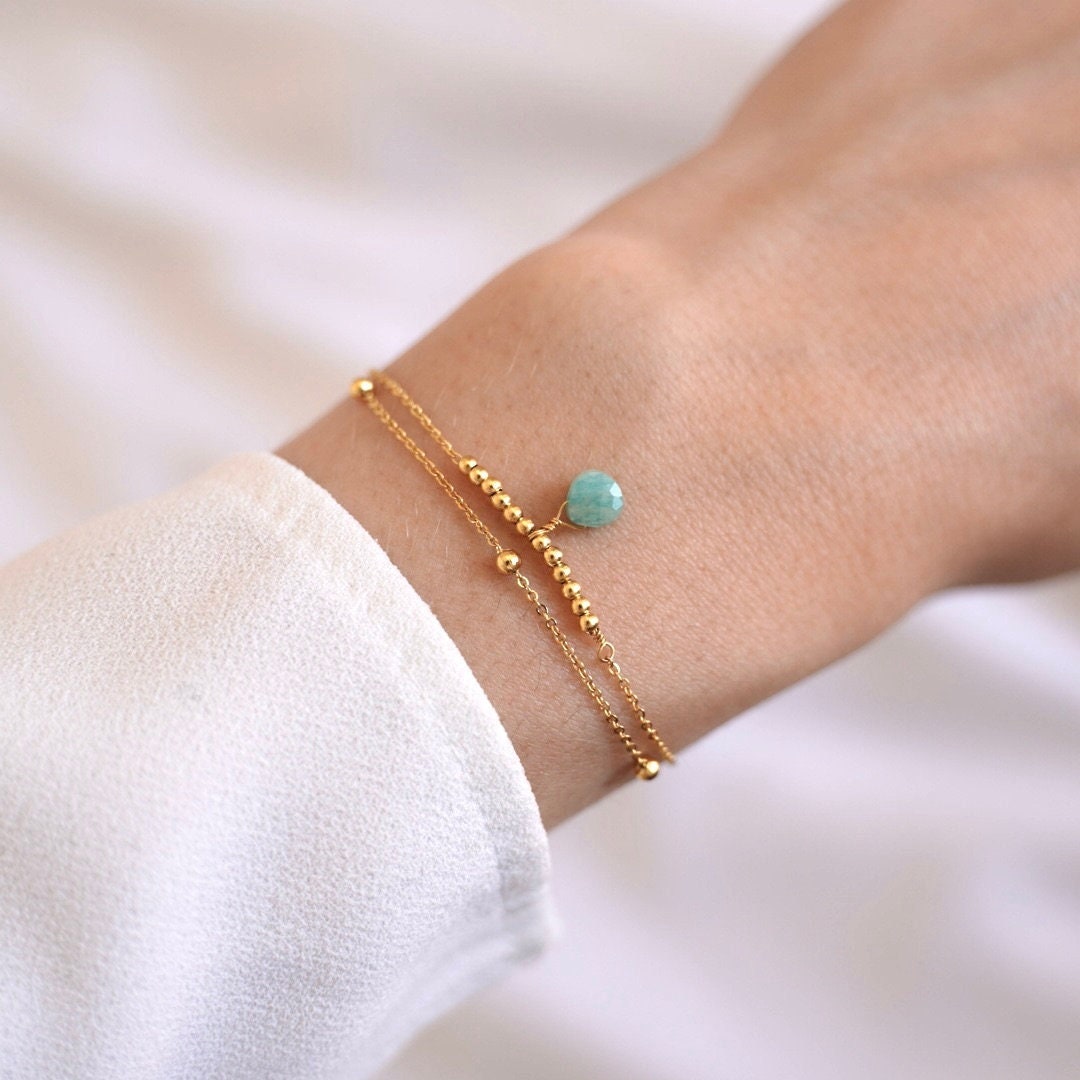 Bracelet femme double rang chaine fine pierre bleu turquoise amazonite