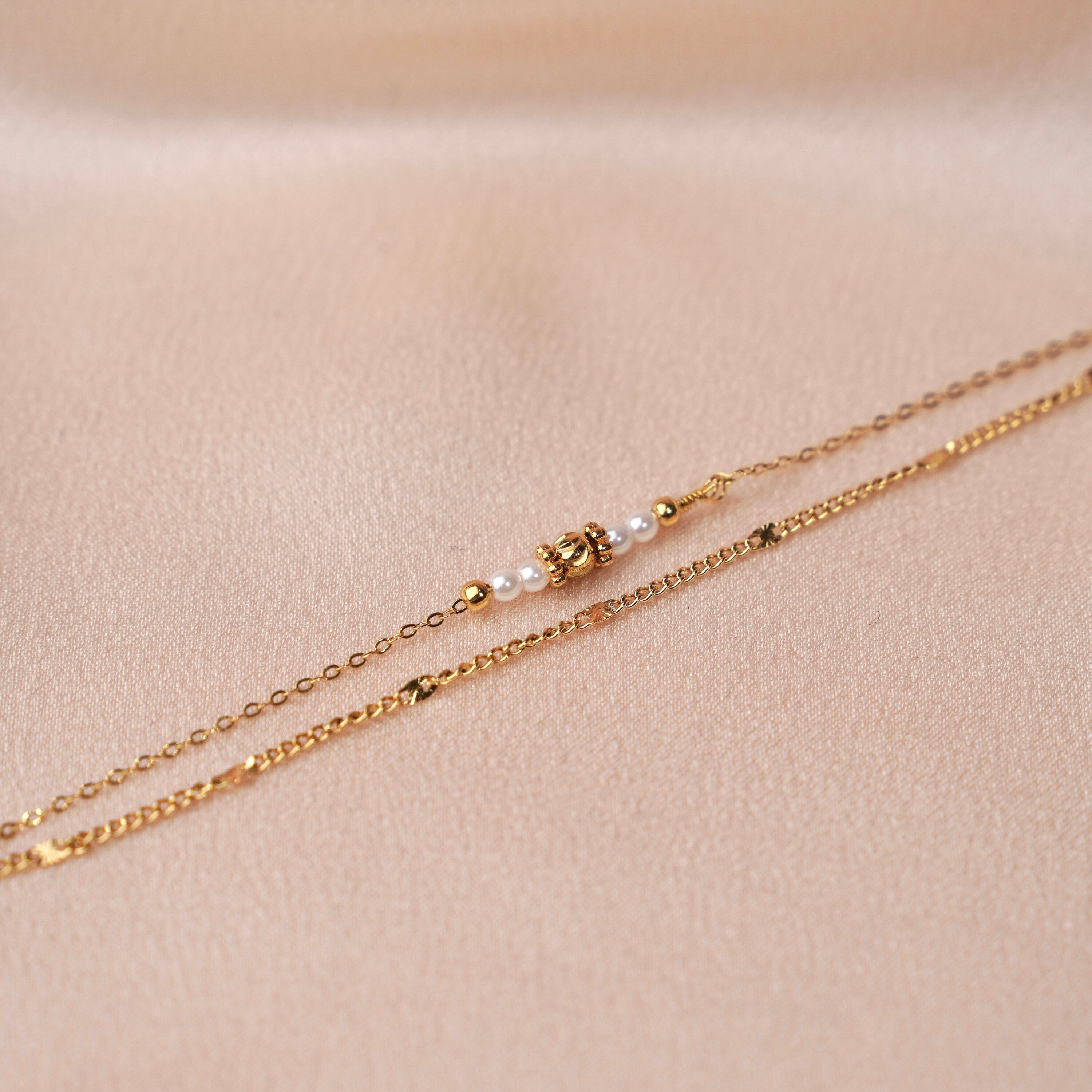 Bracelet double perles blanches / Bracelet fin acier inoxydable