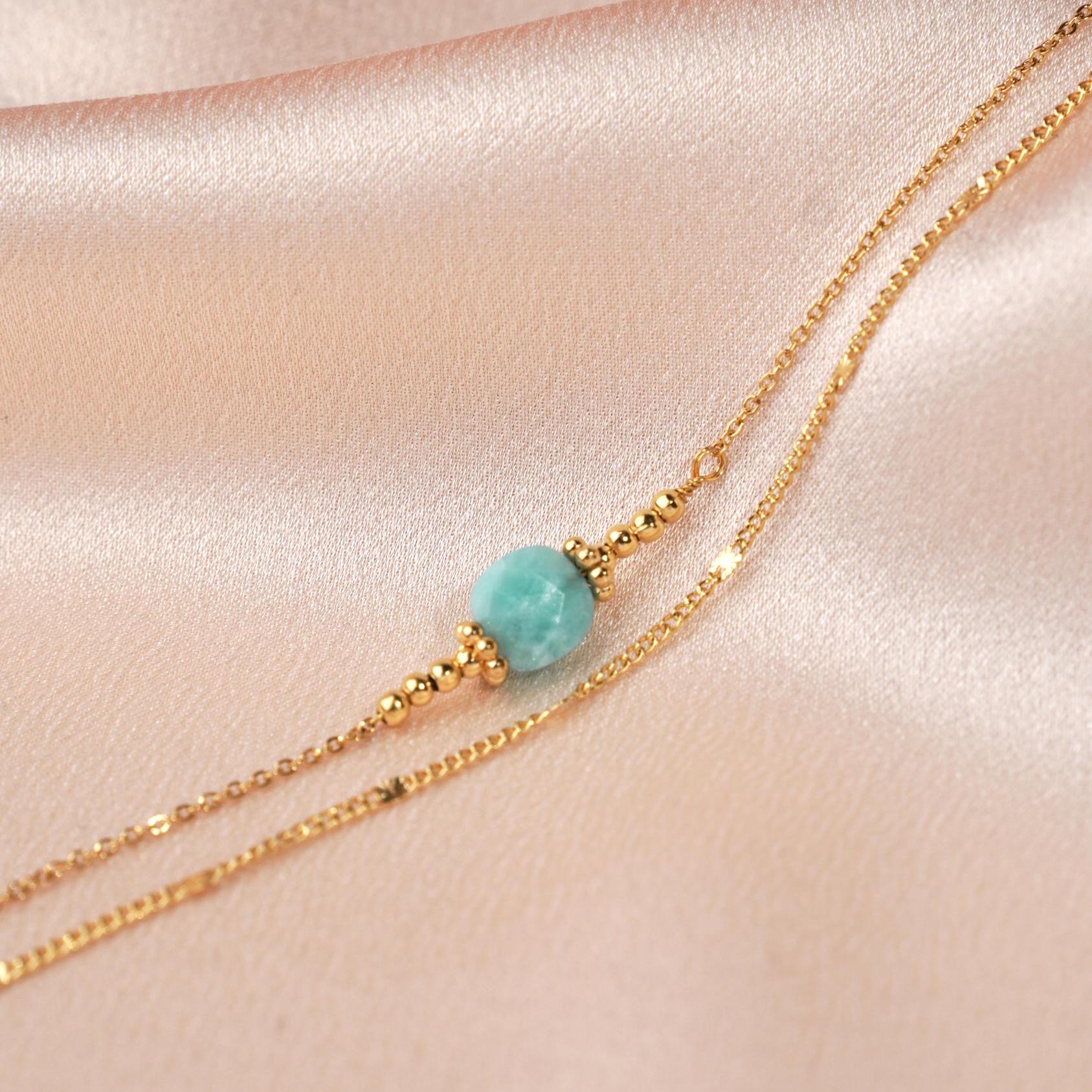 Bracelet acier inoxydable pierre naturelle amazonite / Bracelet double rang chaine fine perle carré bleu turquoise