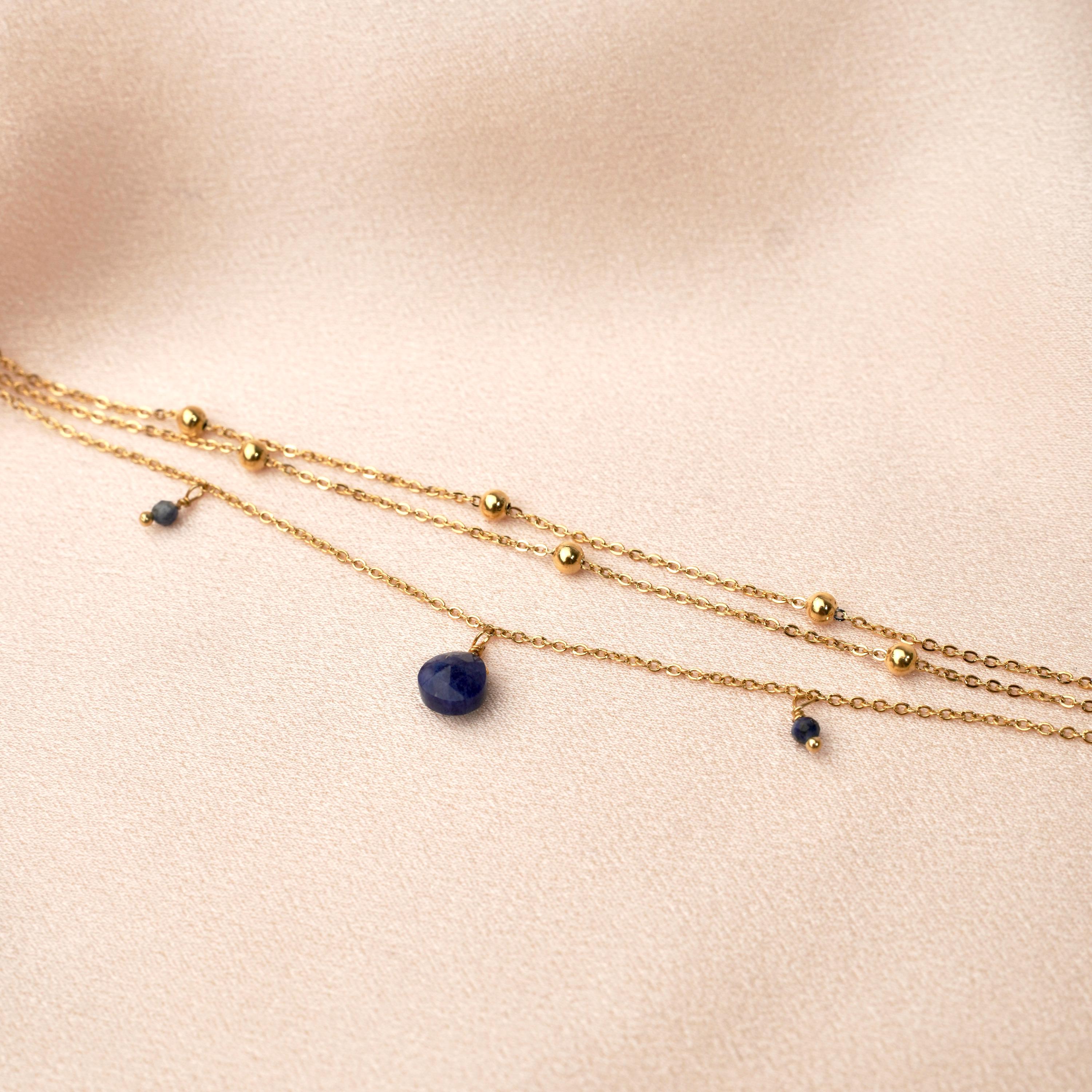 Bracelet femme acier inoxydable triple rang chaine fine pierre naturelle lapis lazuli