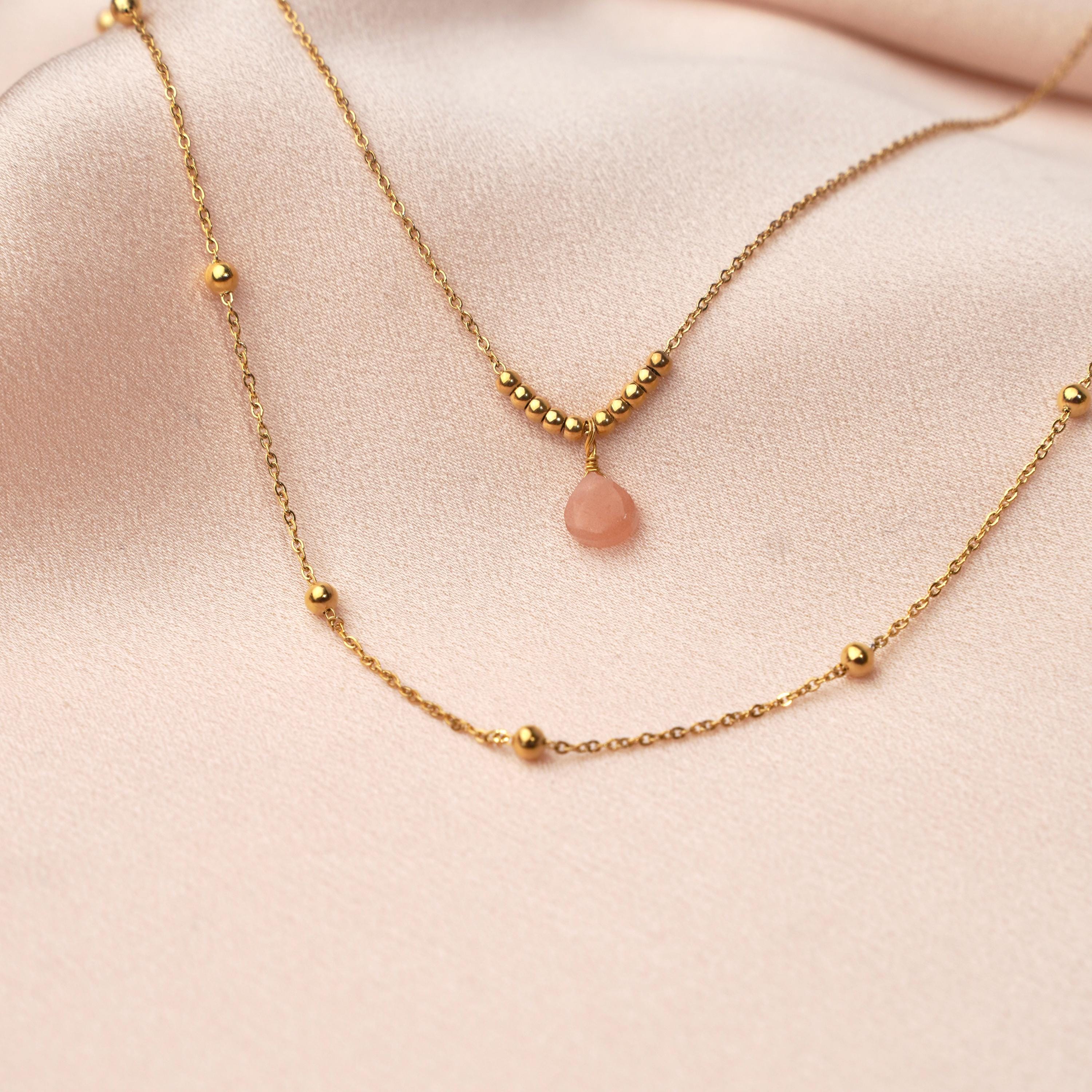 Collier fin double rang quartz / Collier femme acier inoxydable chaine à billes pendentif pierre naturelle