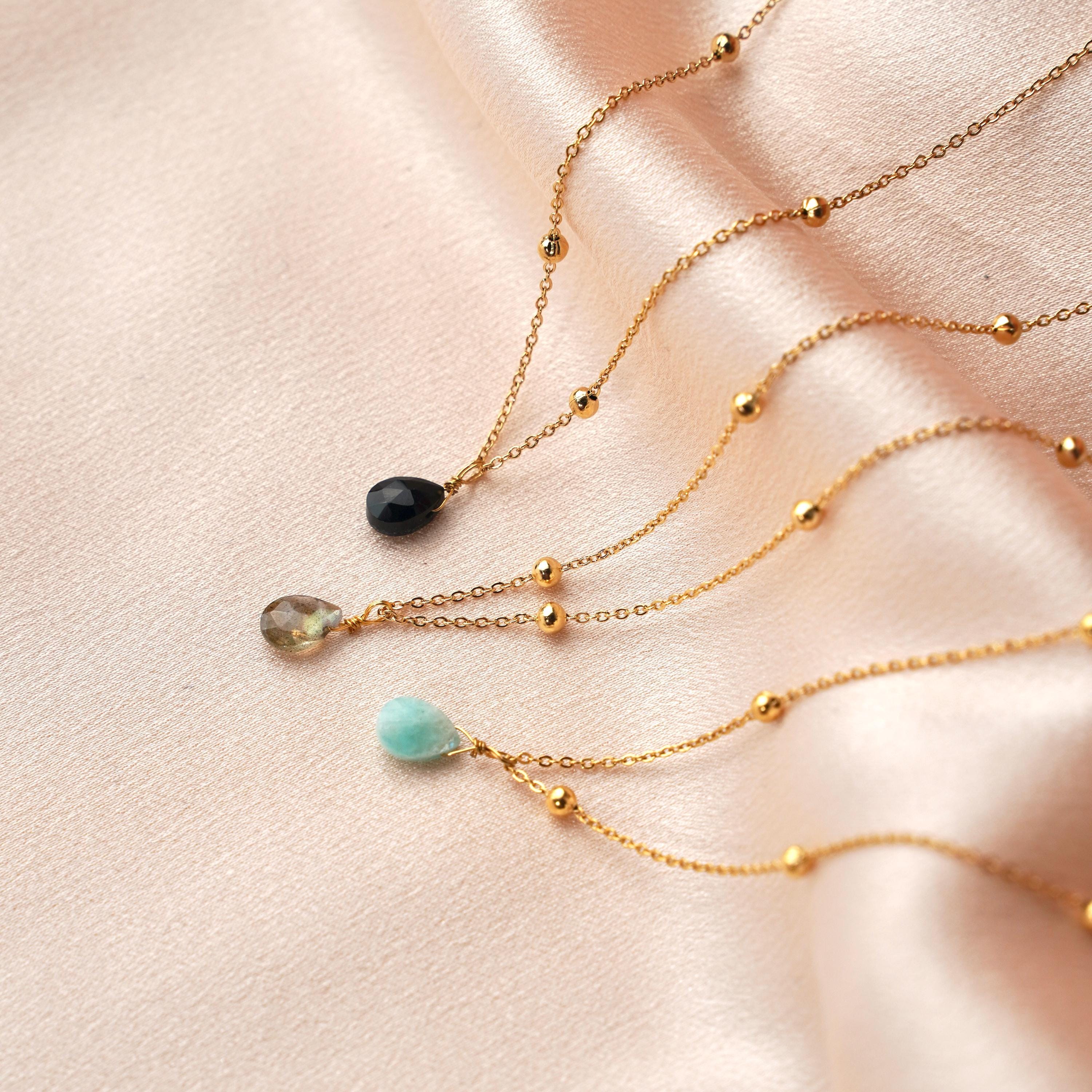 Collier fin pendentif goutte pierre bleue Lapis Lazuli / Collier femme minimaliste chaine acier inoxydable