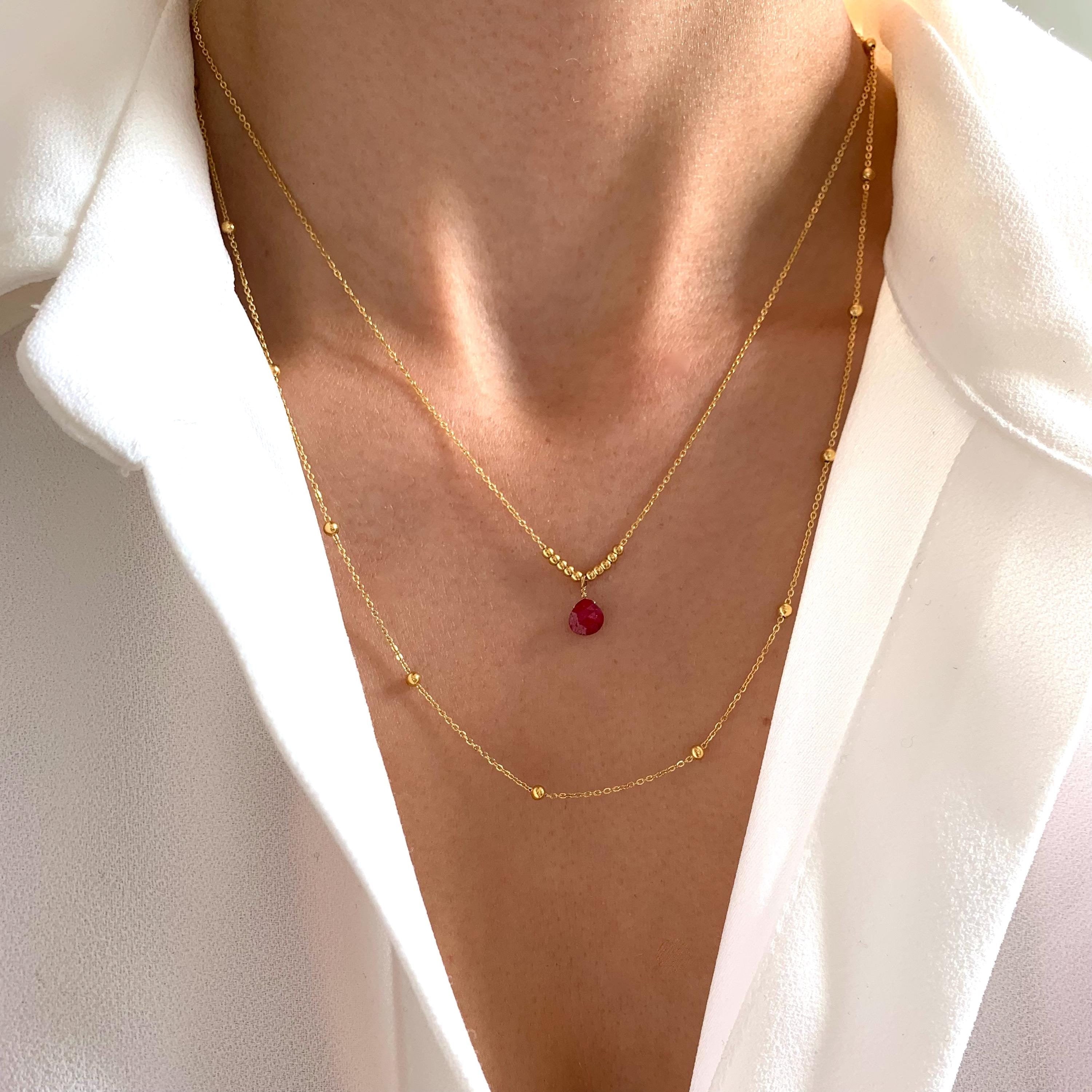 Collier fin double rang pierre naturelle rose fuchsia / Collier femme acier inoxydable chaine à billes acier pendentif goutte
