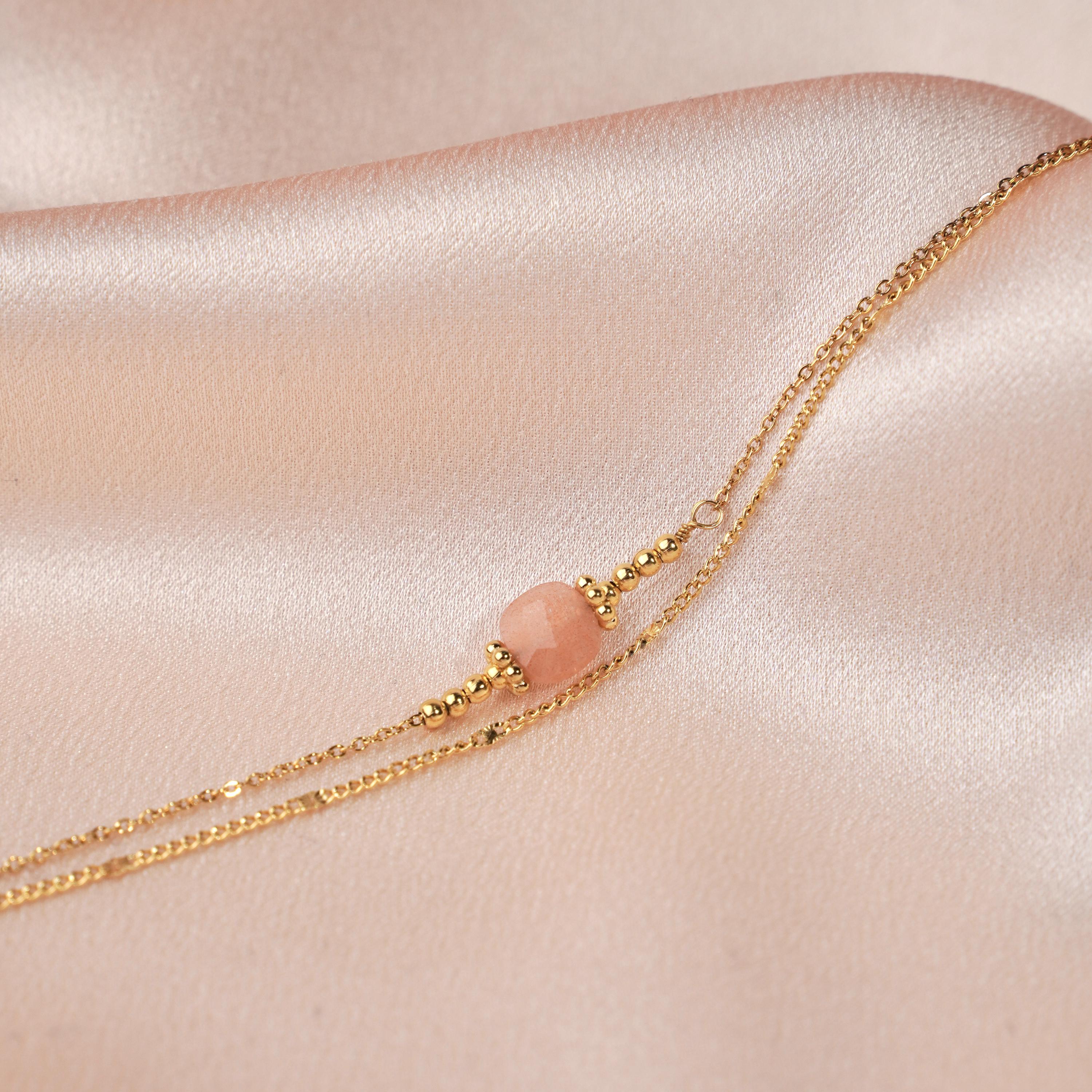 Bracelet acier inoxydable pierre naturelle quartz rose / Bracelet double rang chaine fine perle carré