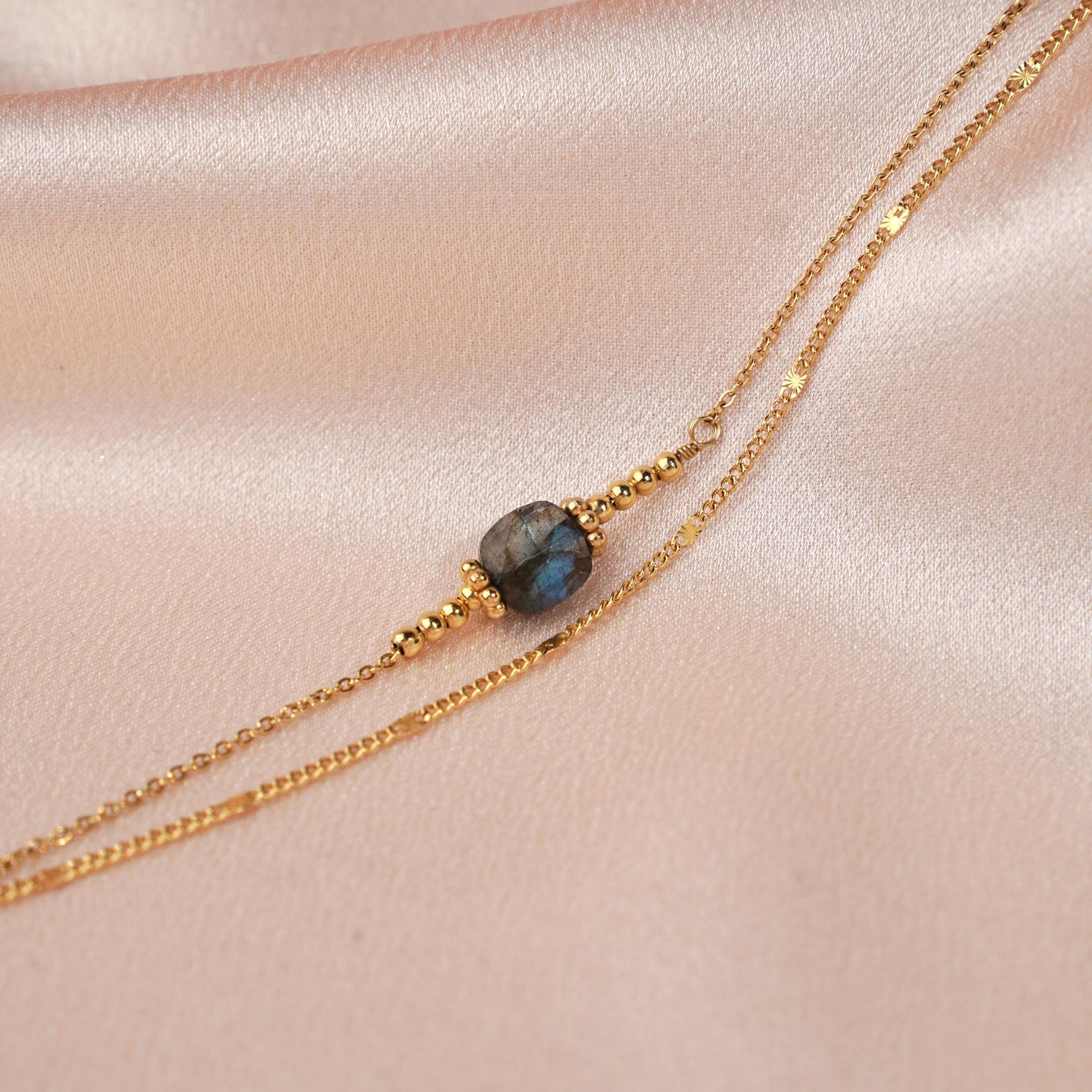 Bracelet acier inoxydable pierre naturelle labradorite / Bracelet double rang chaine fine perle carré grise