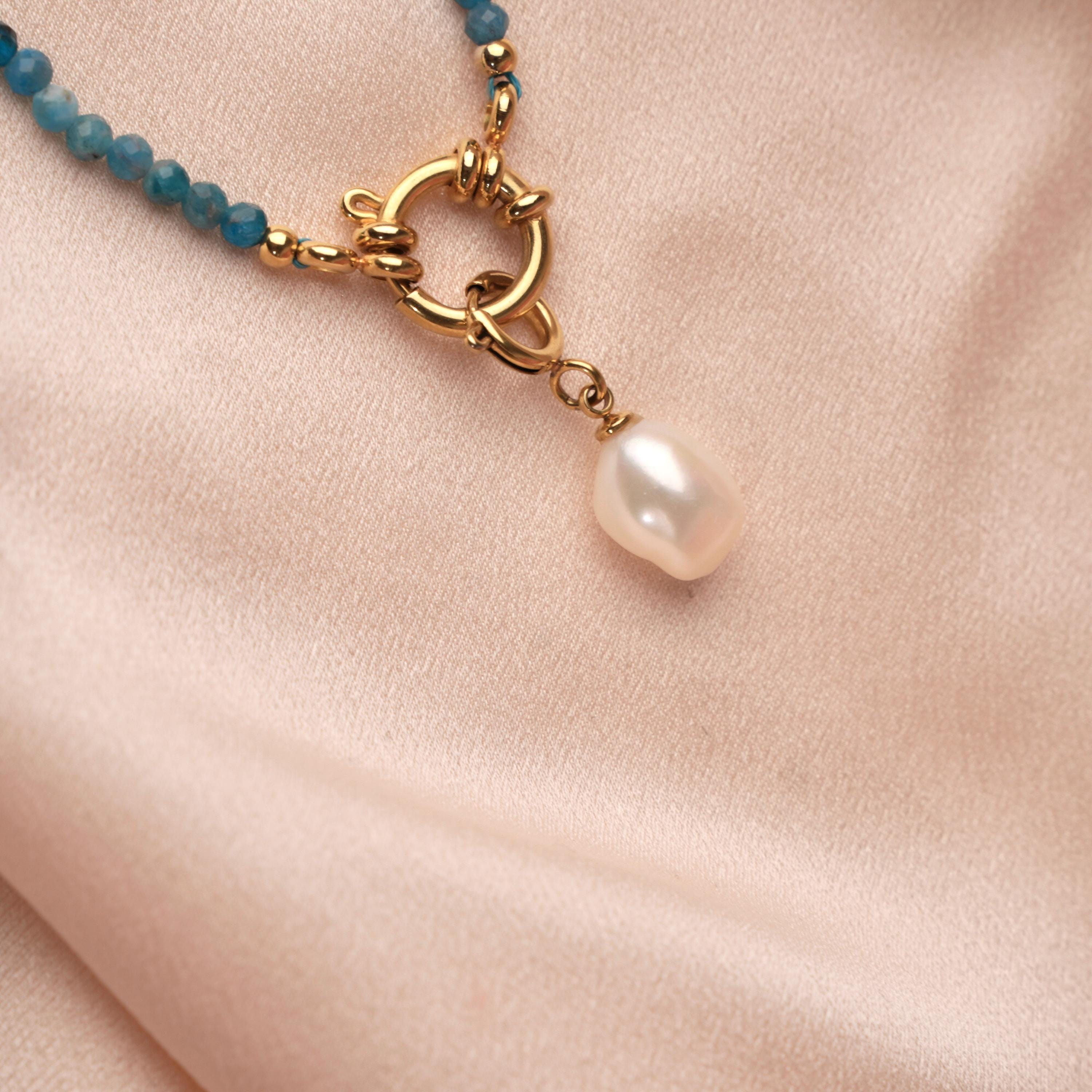 Collier pierre naturelle apatite bleu acier inoxydable / Collier femme perles pendentif nacre