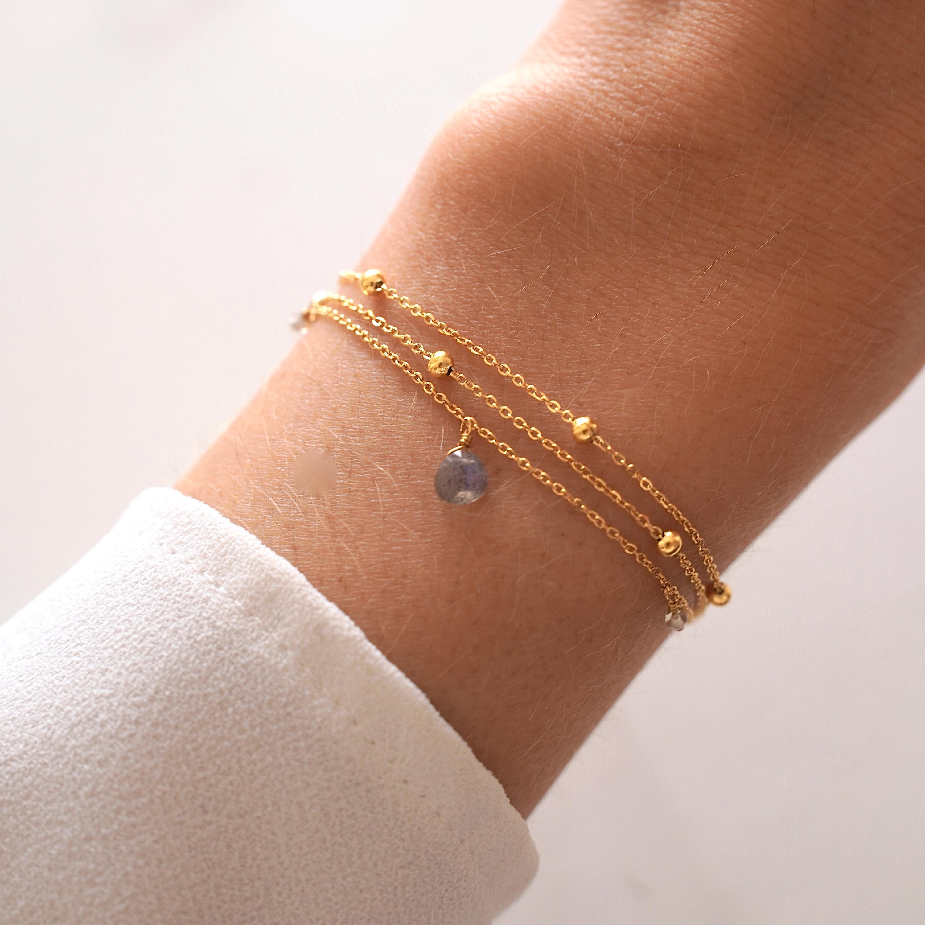 Bracelet femme acier inoxydable triple rang chaine fine pierre naturelle lapis lazuli
