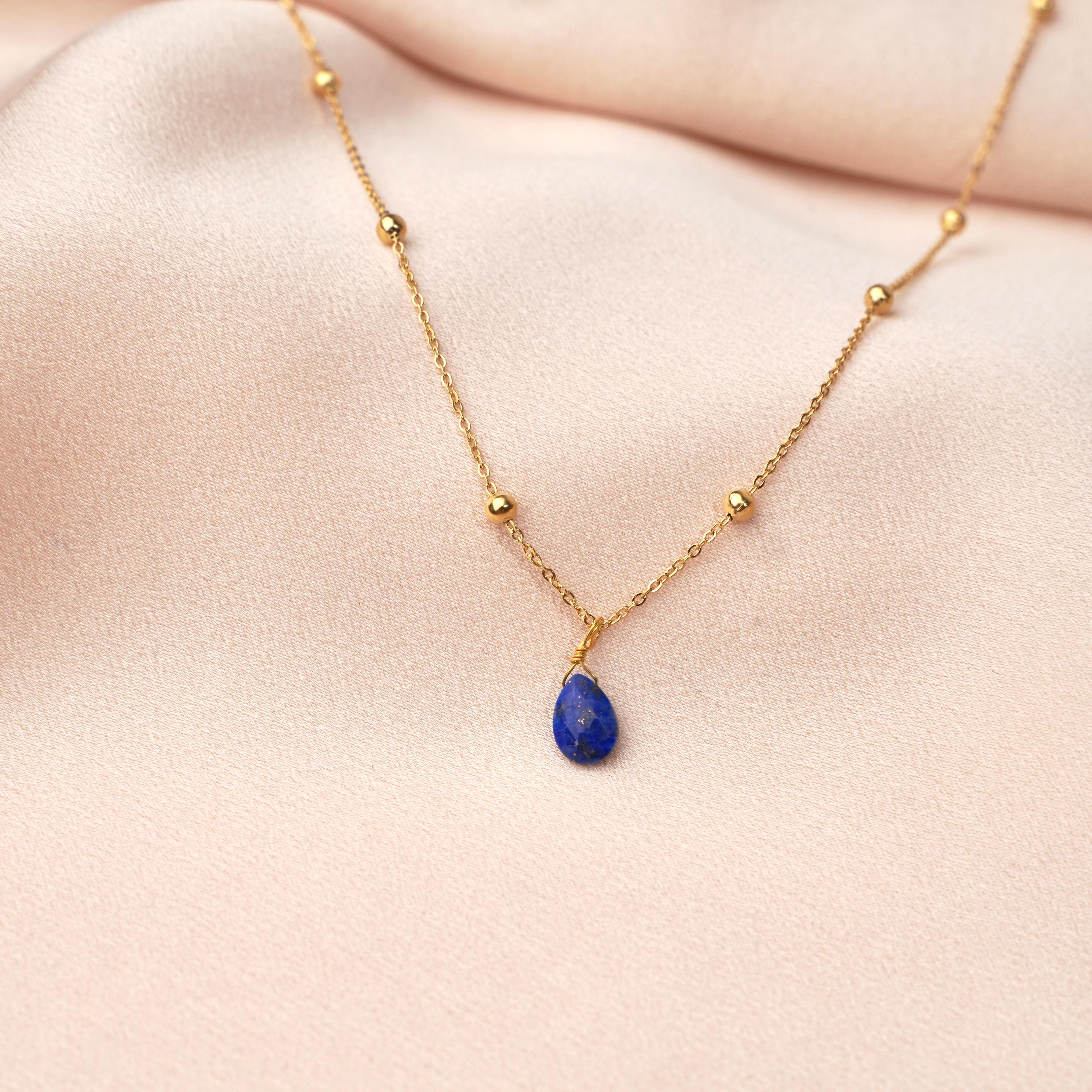 Collier fin pendentif goutte pierre bleue Lapis Lazuli / Collier femme minimaliste chaine acier inoxydable