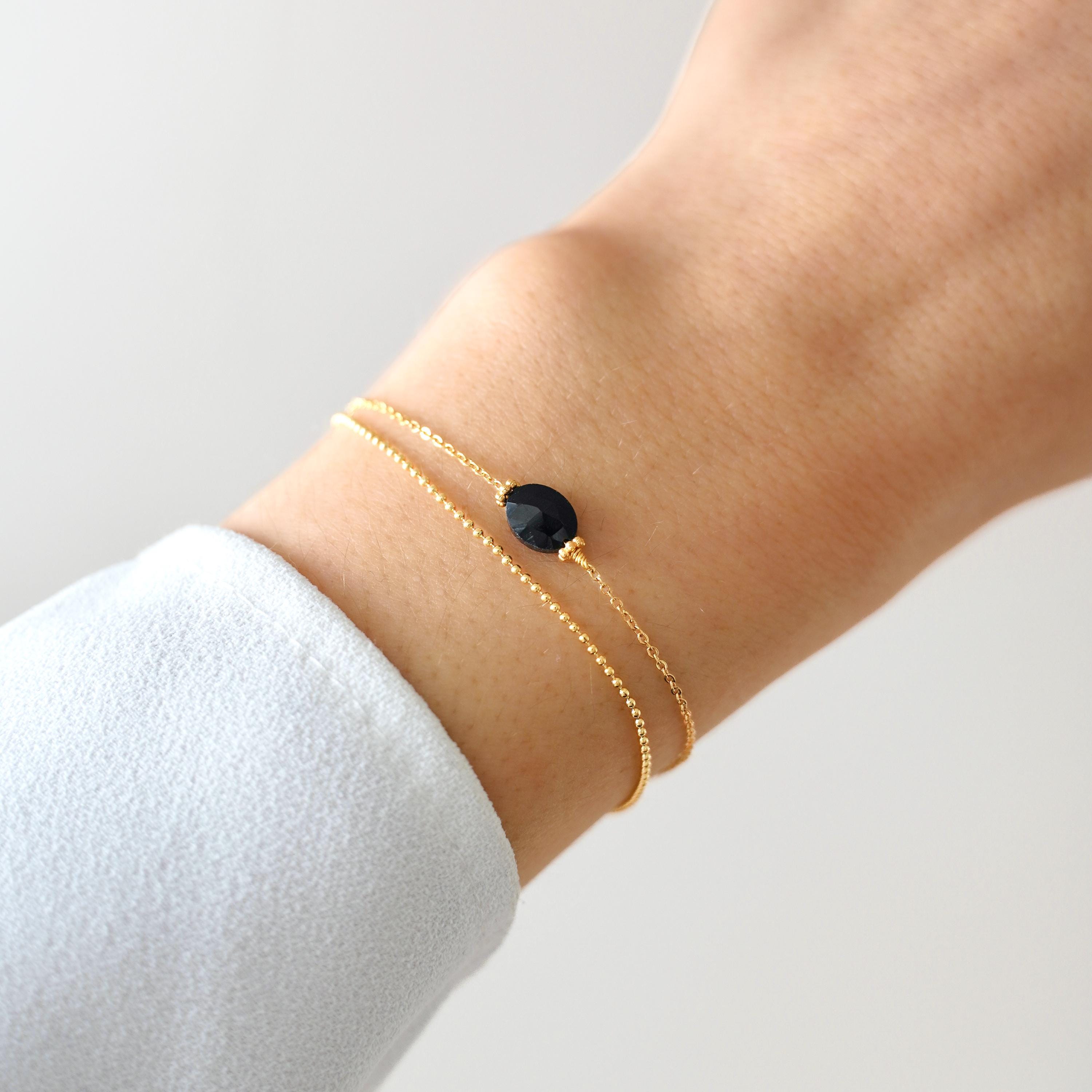 Bracelet acier inoxydable pierre naturelle onyx noir / Bracelet double rang chaine fine perle ovale