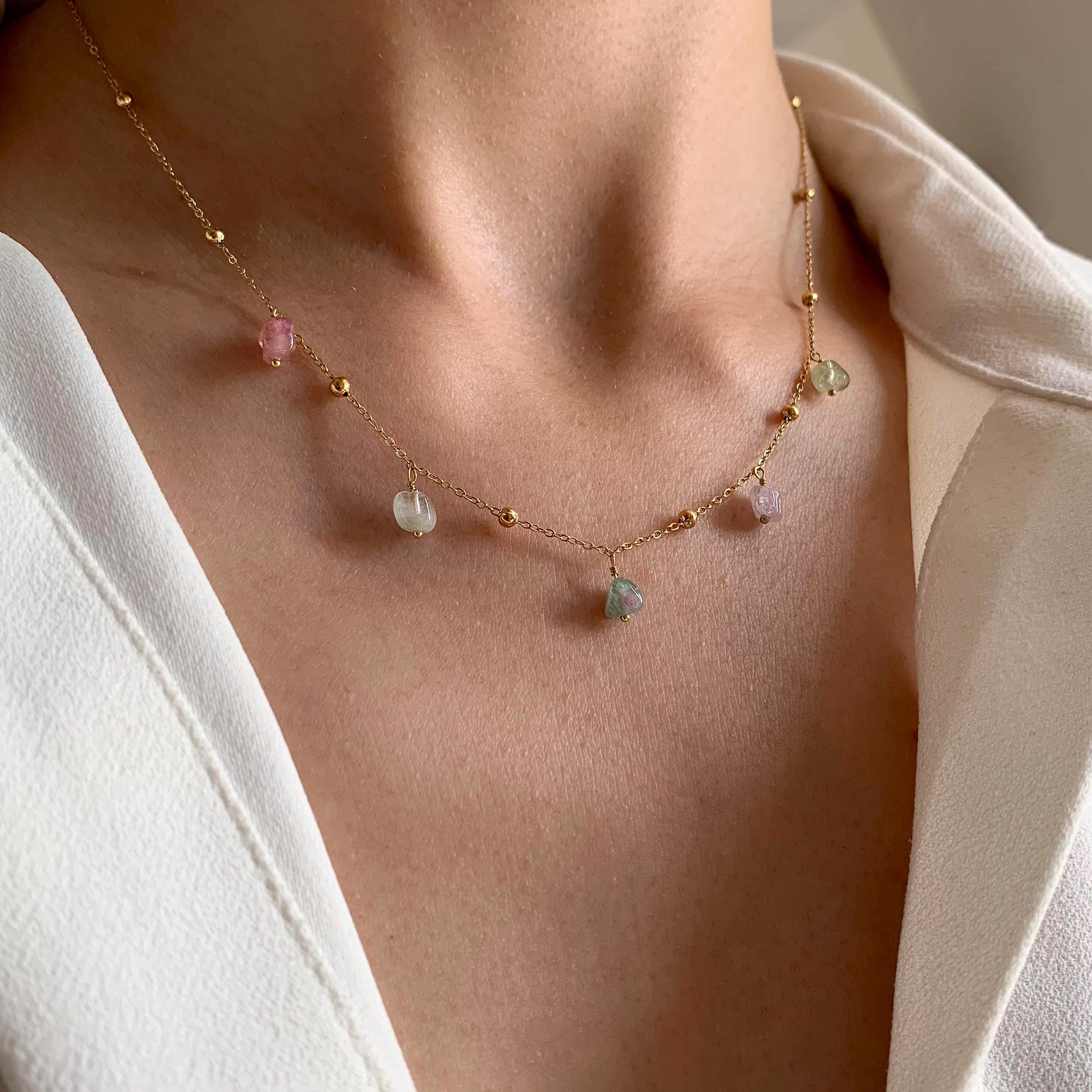 Collier acier inoxydable chaine billes pendants pierre naturelle tourmaline / Collier femme ras de cou minimaliste