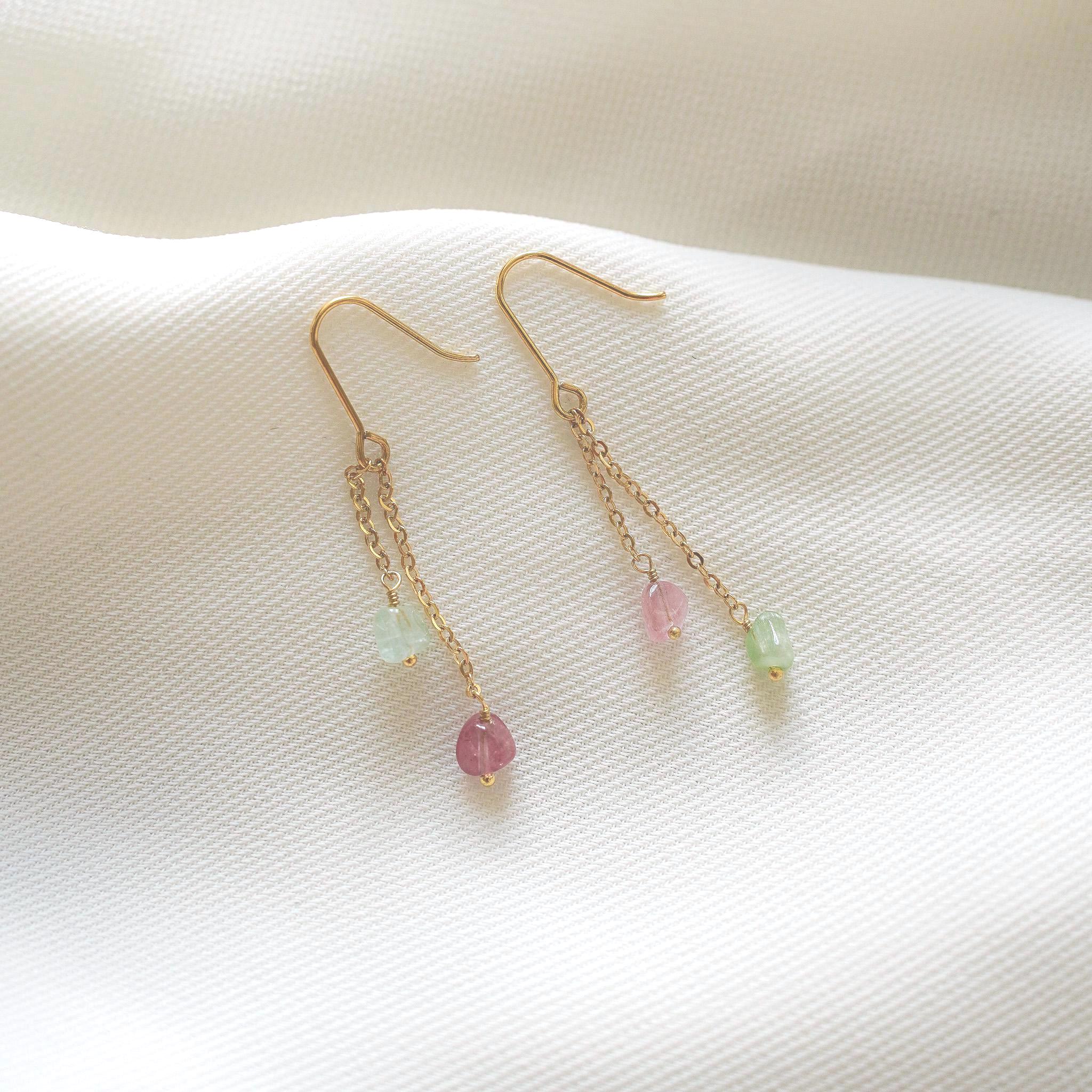 Boucles d'oreilles pendantes chaines pierre tourmaline rose verte / Boucle d'oreille chaine en acier inoxydable