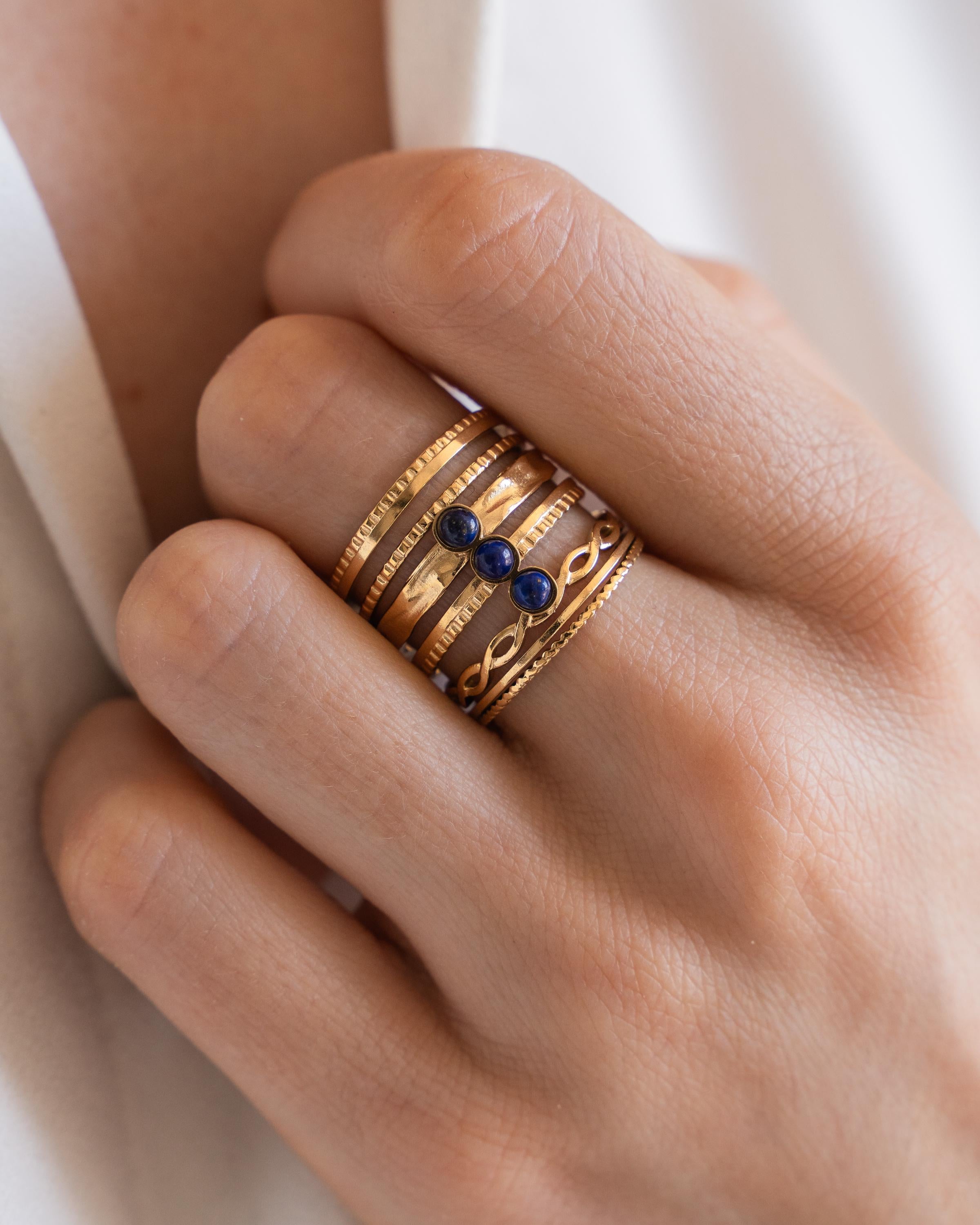 Bague femme acier inoxydable pierre naturelle lapis lazuli / bague multi rangs réglable dorée pierre bleu foncé