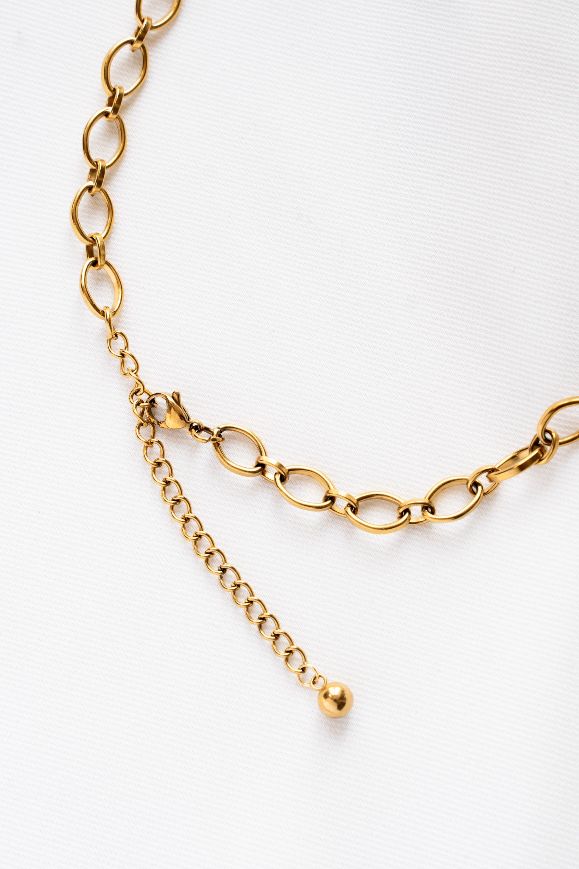 Collier pendentif coeur en cristal de roche chaine épaisse en acier inoxydable / Collier femme chaine anneaux ovales pierre naturelle