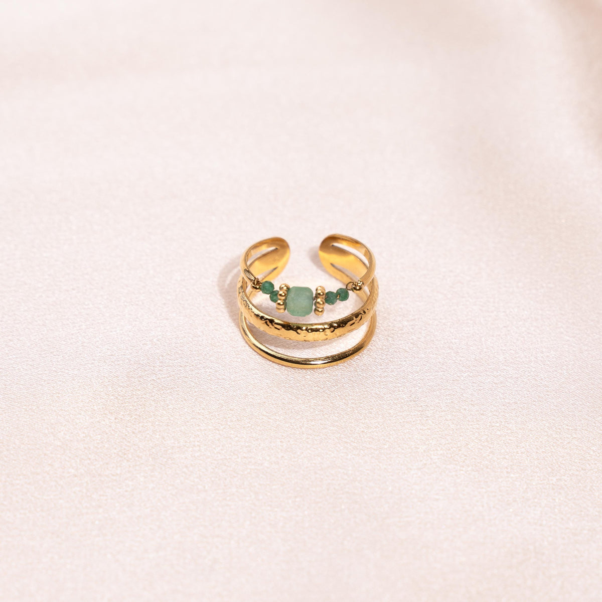 Bague femme acier inoxydable / bague multi rangs réglable dorée pierre aventurine verte