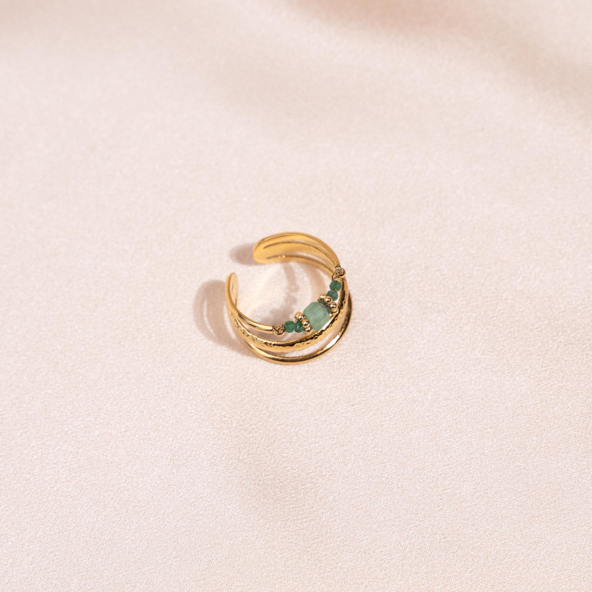 Bague femme acier inoxydable / bague multi rangs réglable dorée pierre aventurine verte