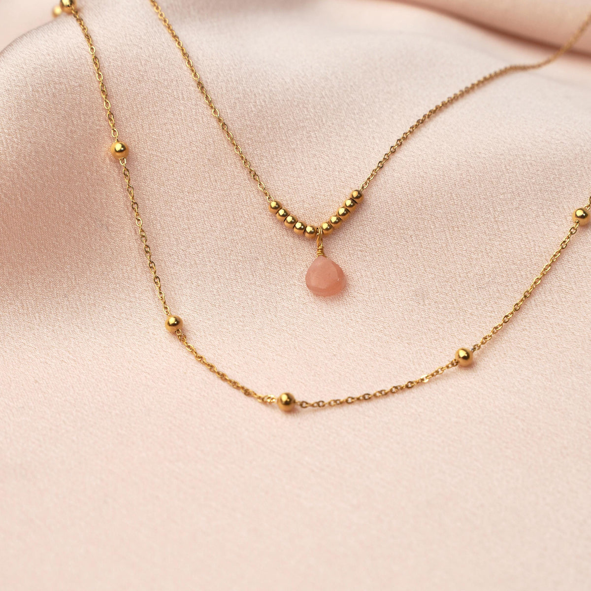 Collier double rang goutte quartz rose Capucine photo 2