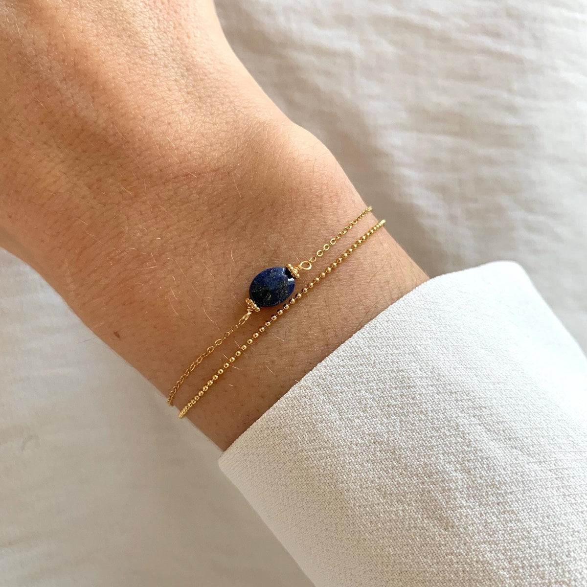 Bracelet double chaîne pierre ovale lapis Suzanne