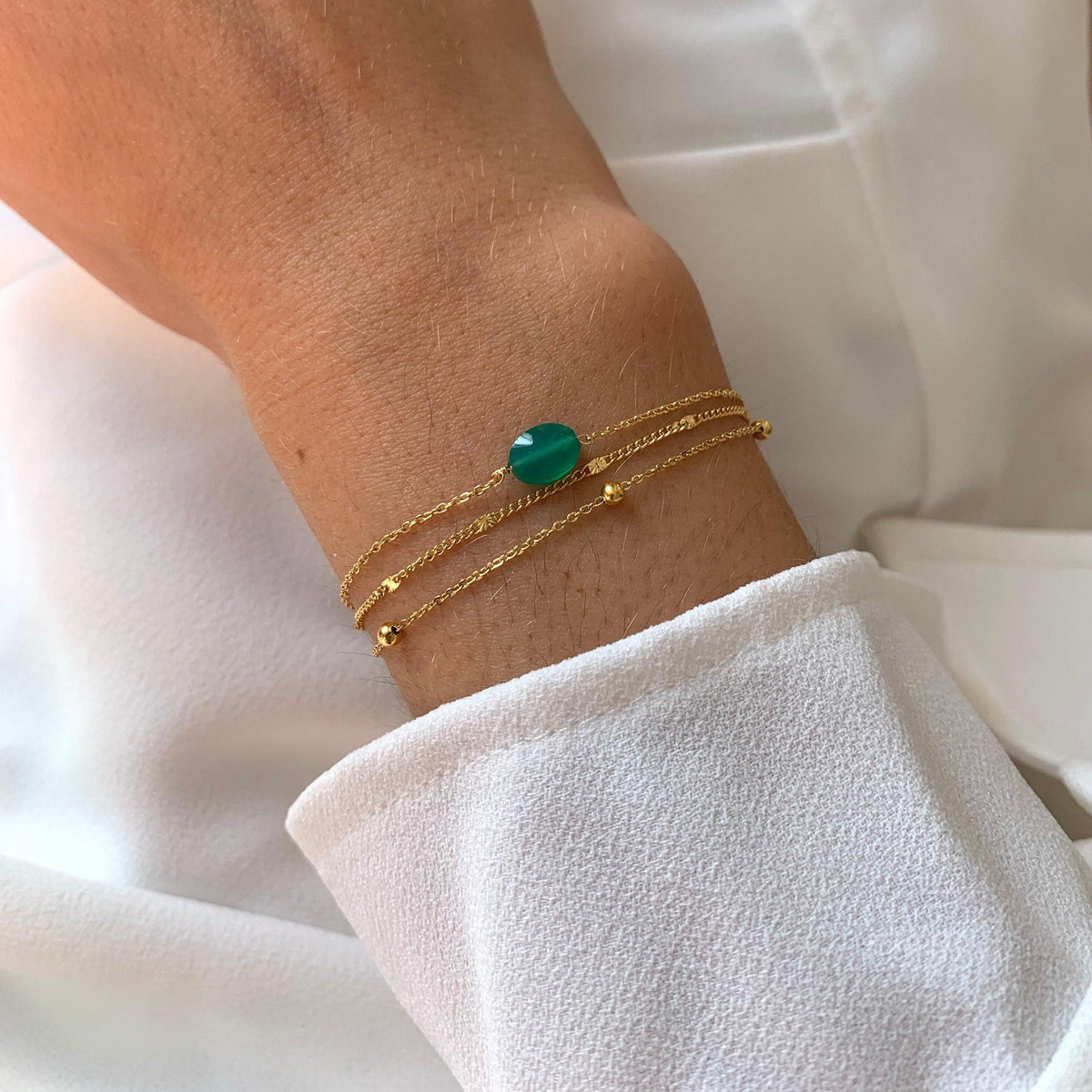 Bracelet triple chaîne agate verte Édith
