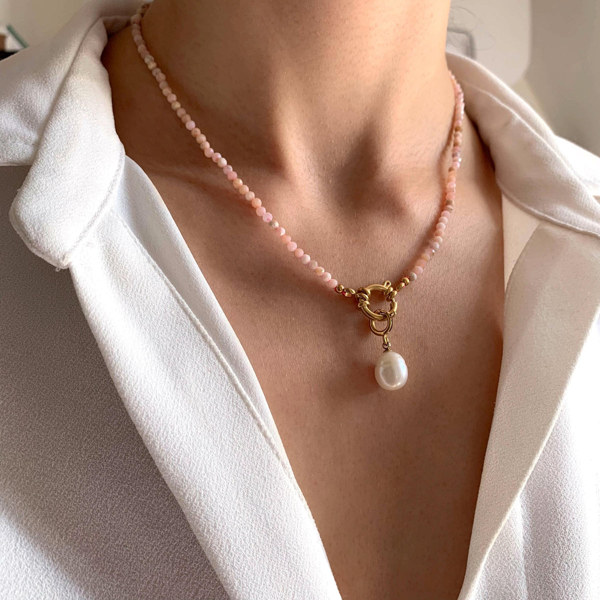 Collier rhodonite et perle d'eau douce Eugénie