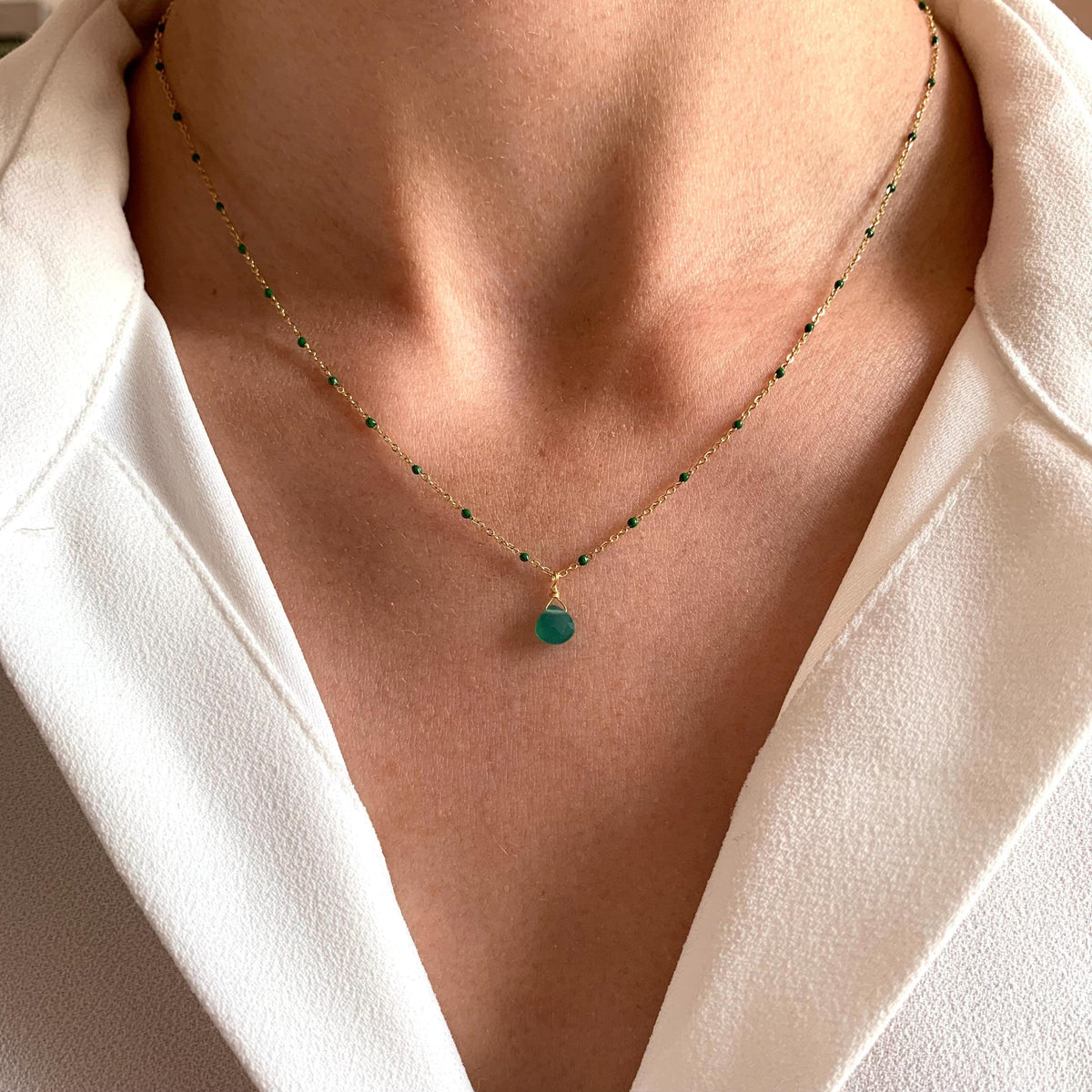 Collier pendentif pierre goutte verte Margot